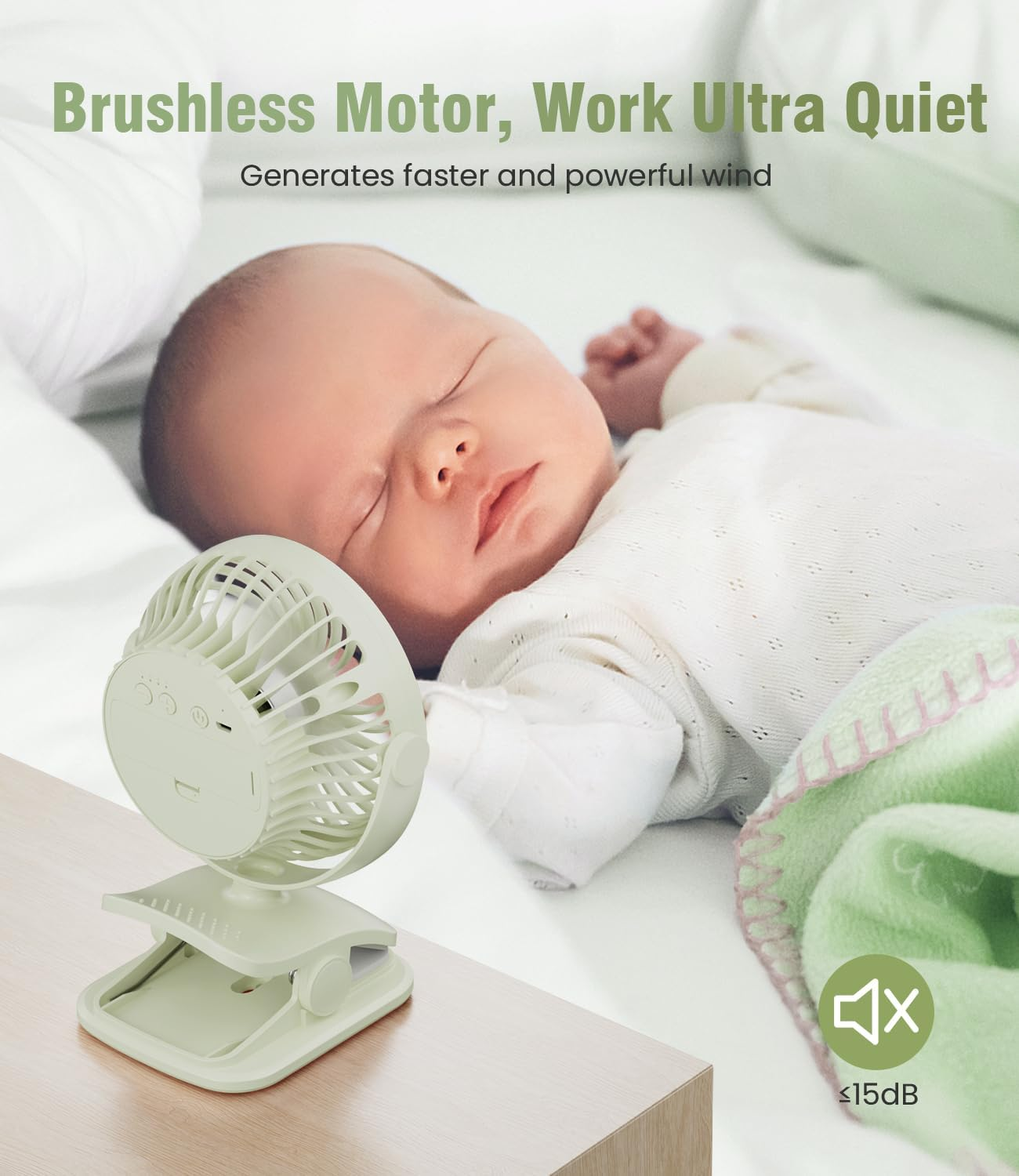 Portable Baby Stroller Fan, Rechargeable Battery Operated Clip Fan, USB Powered Samll Personal Fan, 4 Speeds, Quiet Desk Fan for Office, Dorm and Outdoor Activity-Green image number 6