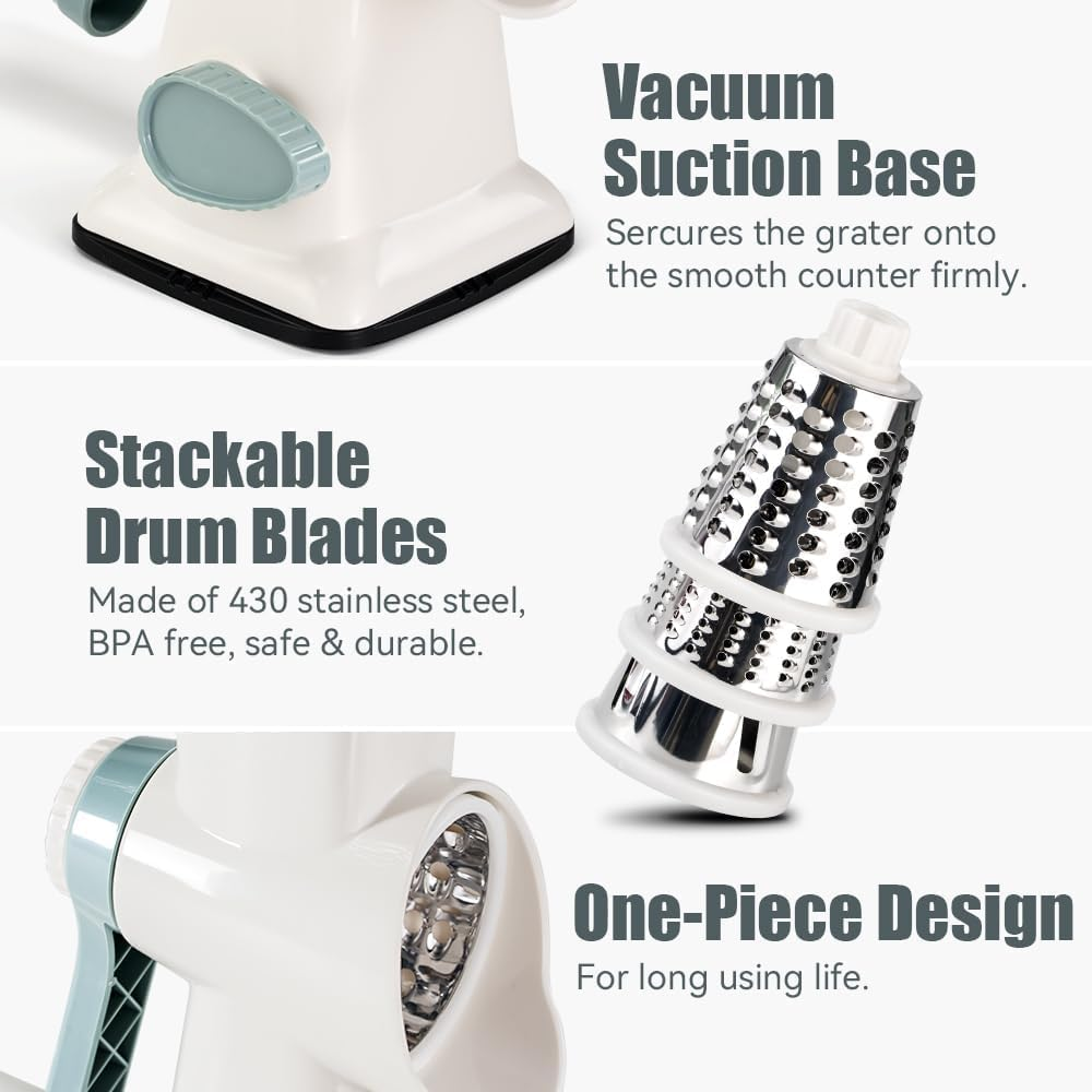 Rotary Cheese Grater, Cheese Shredder, Multifunction 5 in 1 Kitchen Manual Speed round Mandolin Food Slicer Vegetable Chopper, Potato Slicer, Grinder for Nut, Carrot, Radish, Cucumber (White) - White image number 6