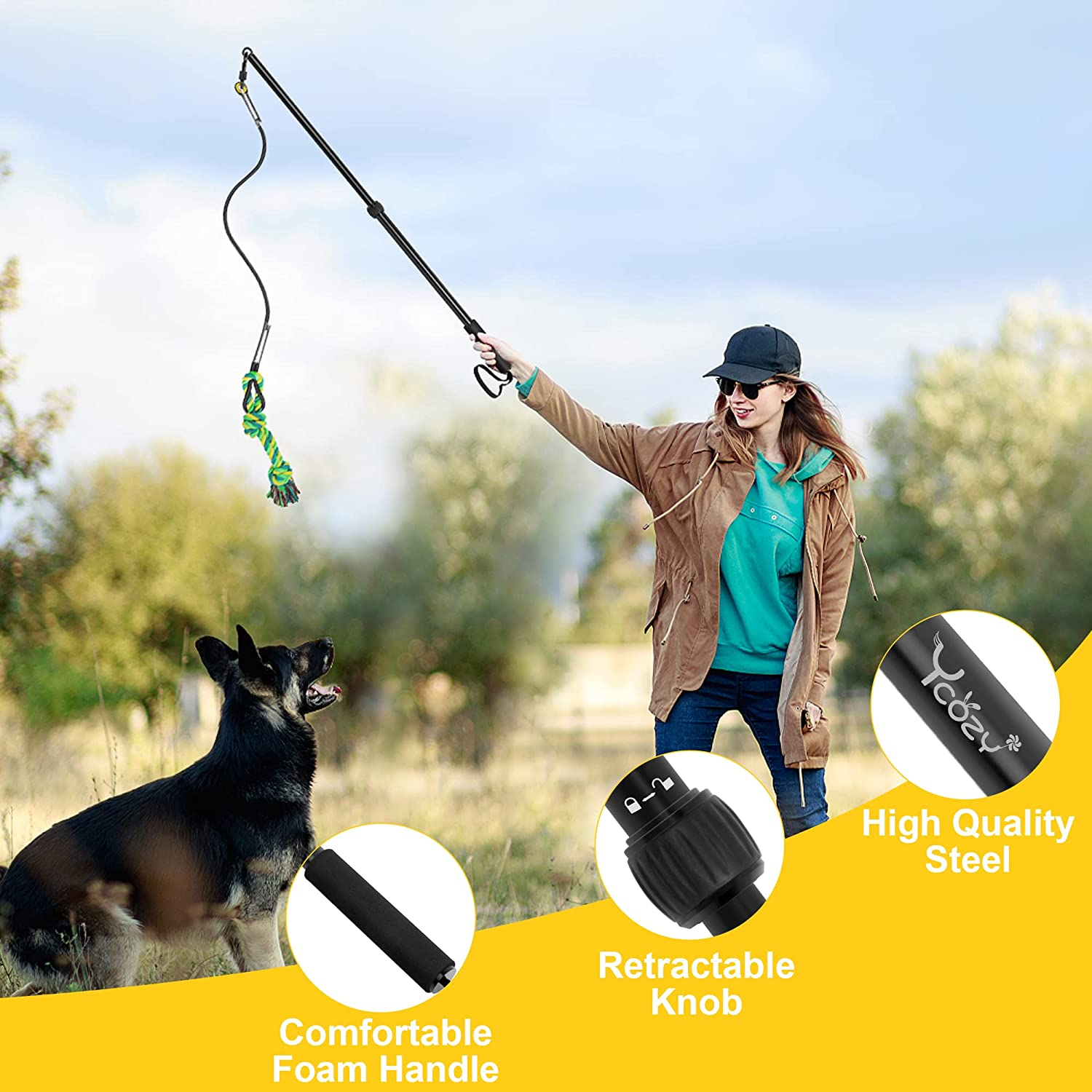 Ycozy Dog Flirt Pole Upgraded 80Cm Retractable Interactive Dog Rope Toys Tough Dog Teaser Wand for Puppy/Large Dogs Tug of War Dog Toy for Outdoor Training image number 3