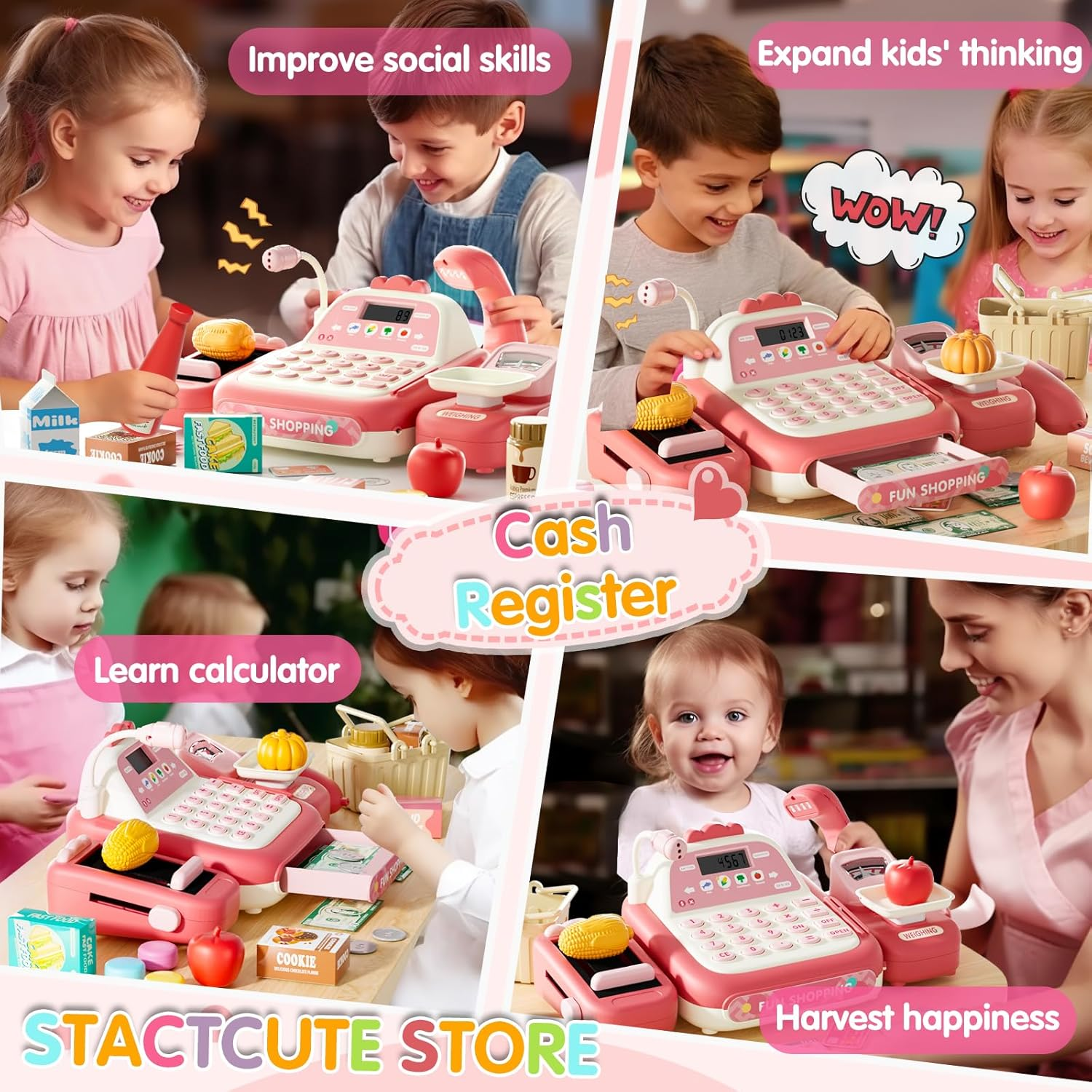 STACTCUTE 49PCS Pretend Play Cash Register Toy Set for Kids with Real Calculator,Scanner,Microphone,Conveyor Belt,Weighing Tool,Cashier Playset Realistic Gift for Toddler Kid Ages 3 4 5 6 7 8（Pink）