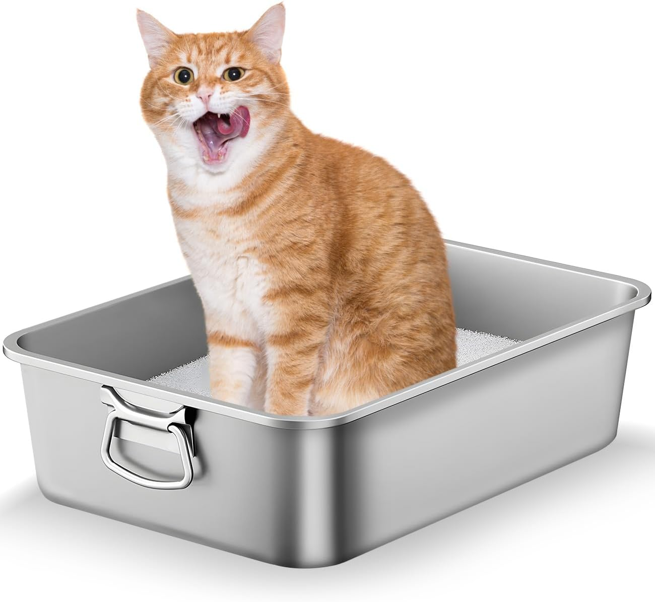 Stainless Steel Litter Box with Handle, Large Metal Cat Litter Box with High Sided for Big and Small Cats, Kitty Litter Boxes Toilet, Non-Stick, Easy to Clean 60X40X15Cm image number 1
