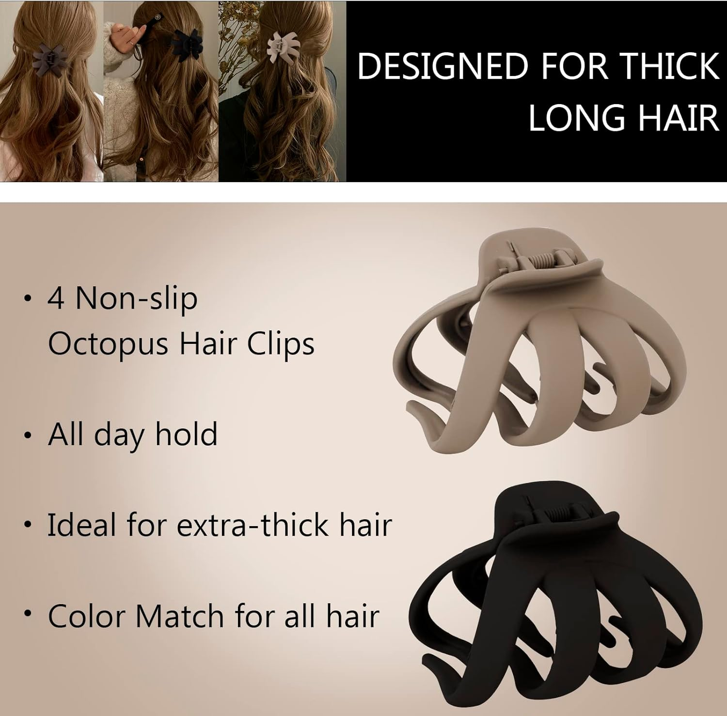 4 Pcs Octopus Hair Clips Hair Clips for Women Claw Clips for Thick Hair Matte Hair Clips Strong Grip Non-Slip Jaw Clips Neutral Color Hair Clips Simple Hair Clips for Women Girls image number 6