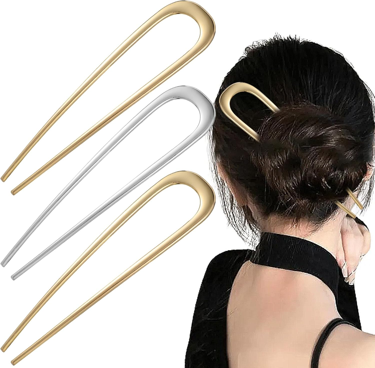 AOZUO 3 Pcs French Hair Pin, 5.5 Inch U-Shaped Large Hair Pins Metal Hair Stick 2 Prong Sticks Vintage French Twist Hair Fork Chignons Buns for Women Wedding Updo Hairstyles Top Knots Thick Hair