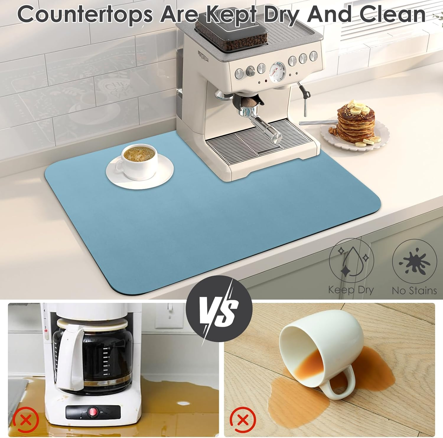 Dish Drying Mat for Coffee Kitchen Counter, Non-Slip Rubber Backed Absorbent Quick Dry Pad for under Coffee Maker Coffee Machine Coffee Pot Espresso Machine Dish Rack (Blue, 40*60Cm) - Blue image number 3