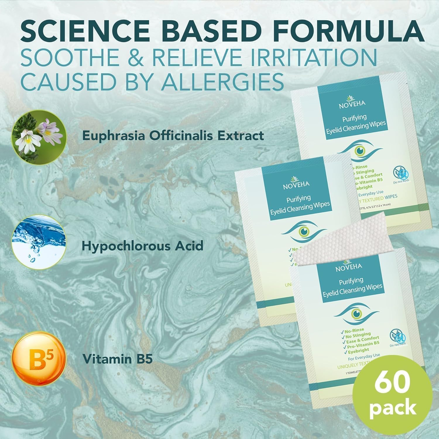 NOVEHA 180Pcs Eyelid & Lash Wipes | for Itchy, Dry Eyes, Styes & Blepharitis | Gentle Refreshing Eye Scrub Cleansing Wipes, Hypoallergenic & Soothing for Sensitive Eyes | Vegan Face Moisturizer image number 5