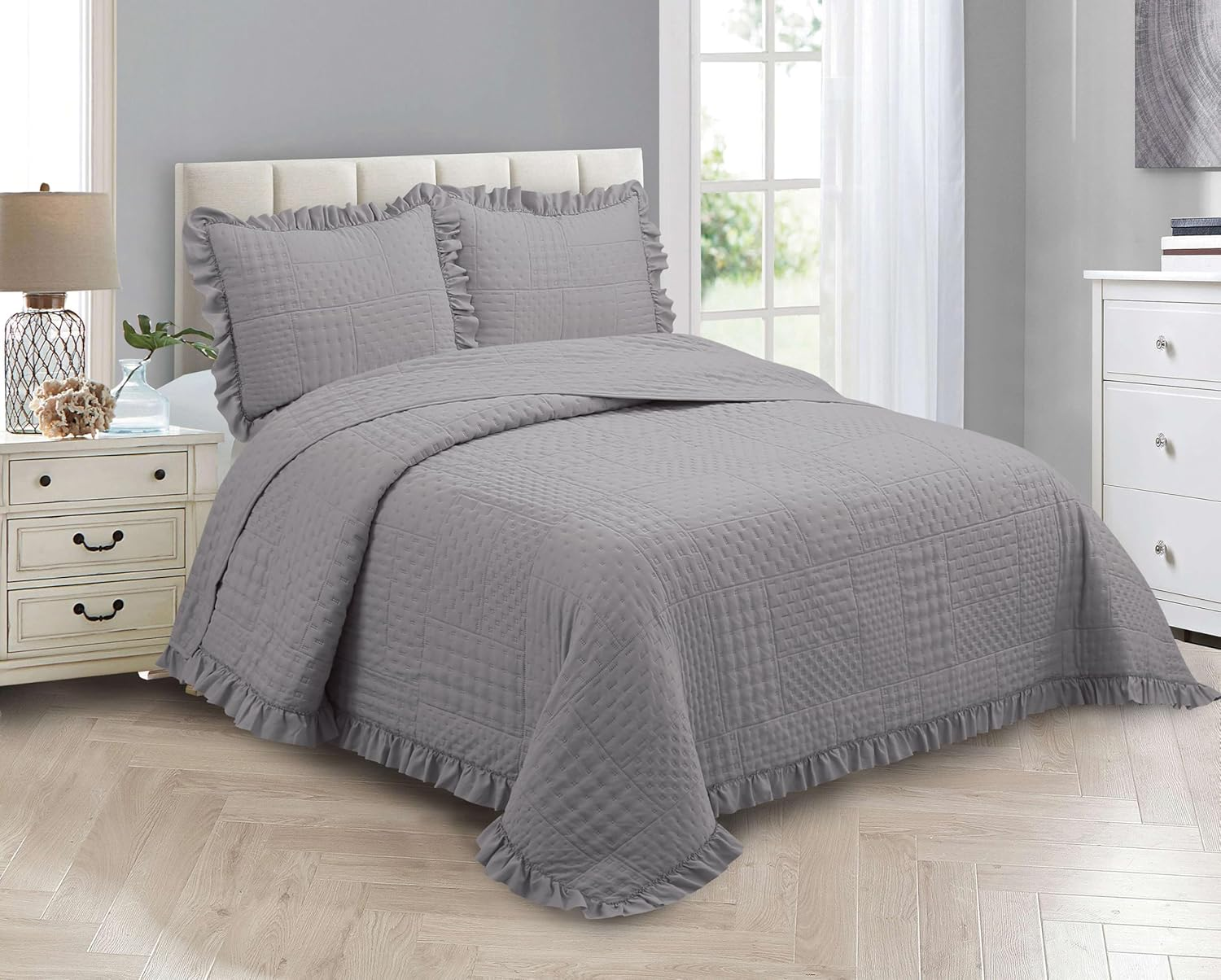 MK Collection Embossed Modern Ultasonic Quilted Oversized Coverlet Bedspread Set Solid Color New #Ruby (Pink, Full/Queen) image number 1