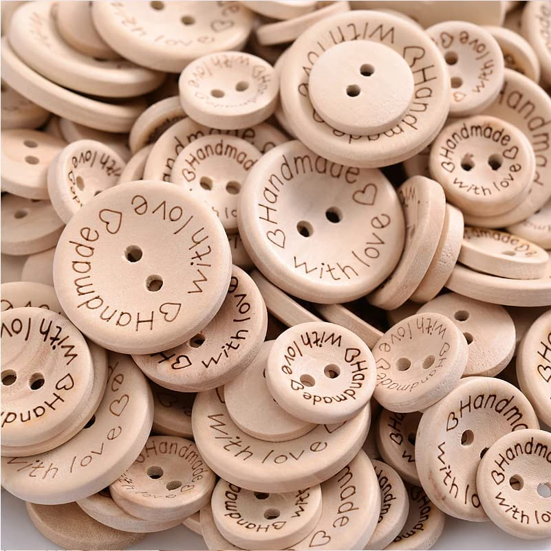 100Pcs Natural Wooden Button Craft Sewing DIY Handmade with Love Wooden Buttons (20Mm) image number 1