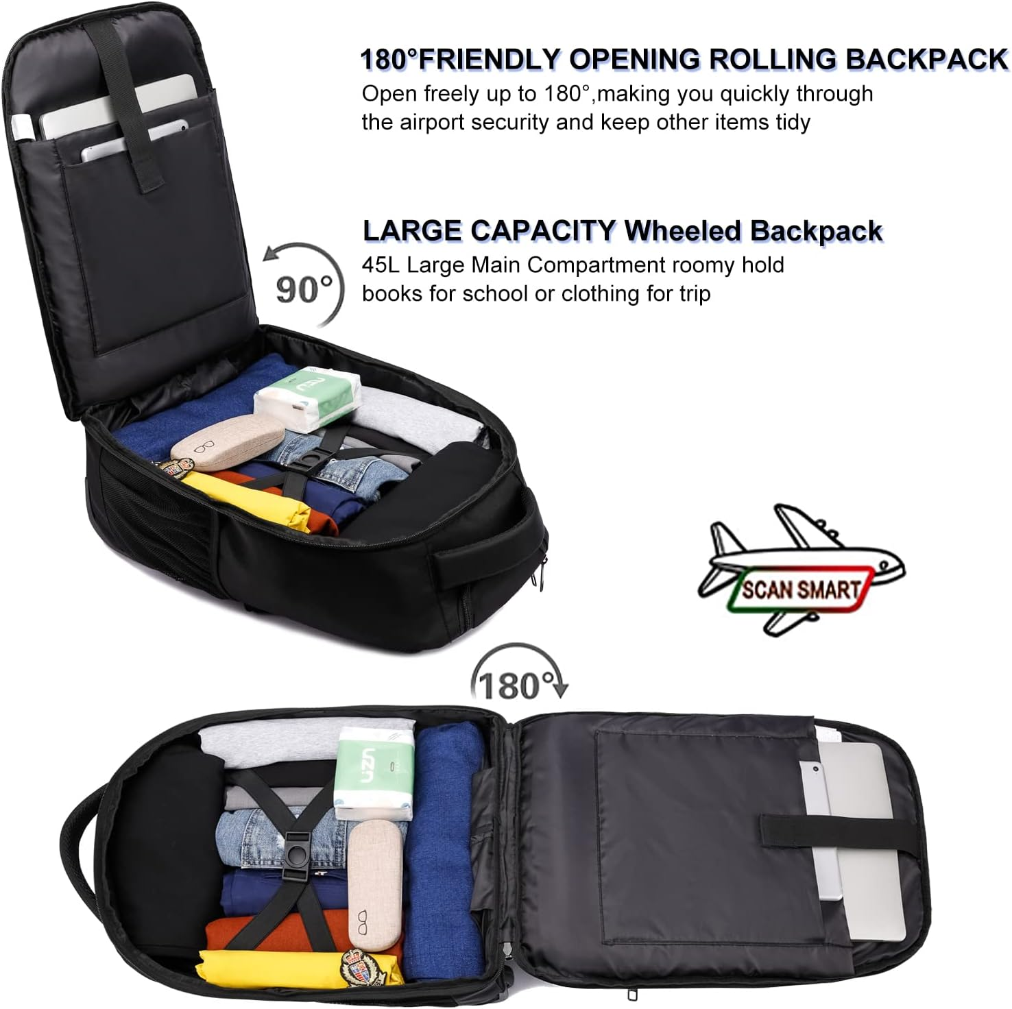 LIGSAN Travel Backpack with Wheels, 17Inch Wheeled for Men Women Rolling Laptop Bags on Wheels Waterproof Rucksack Cabin Bag Trolley Suitcase Business College School Bag, Black image number 5