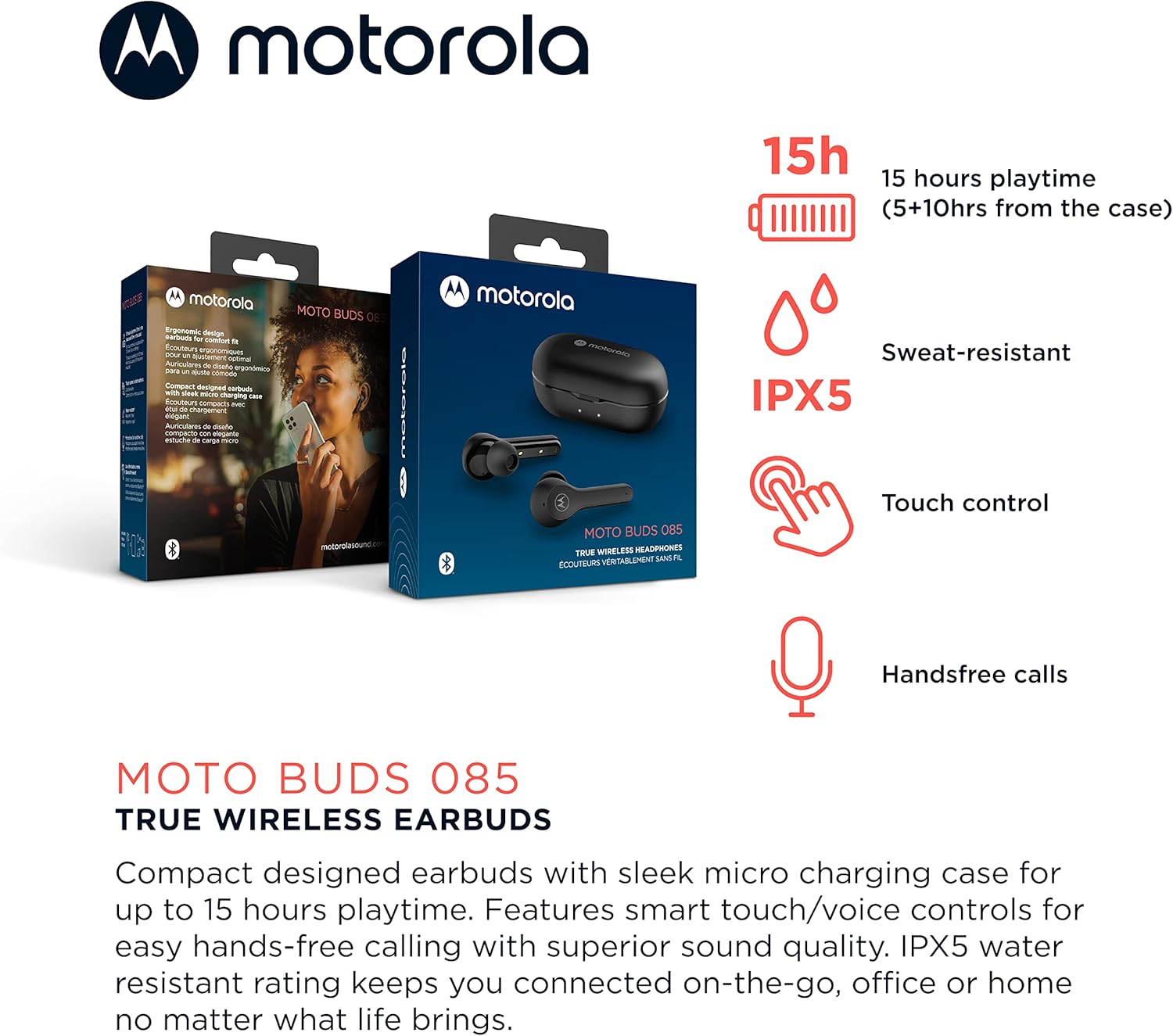 Motorola Sound Moto Buds 085 True Wireless Bluetooth Earbuds with Microphone, Charging Case - IPX5 Water Resistant Sweatproof Wireless Earbuds, Smart Touch-Control, Deep Bass Ear Buds - Black image number 3