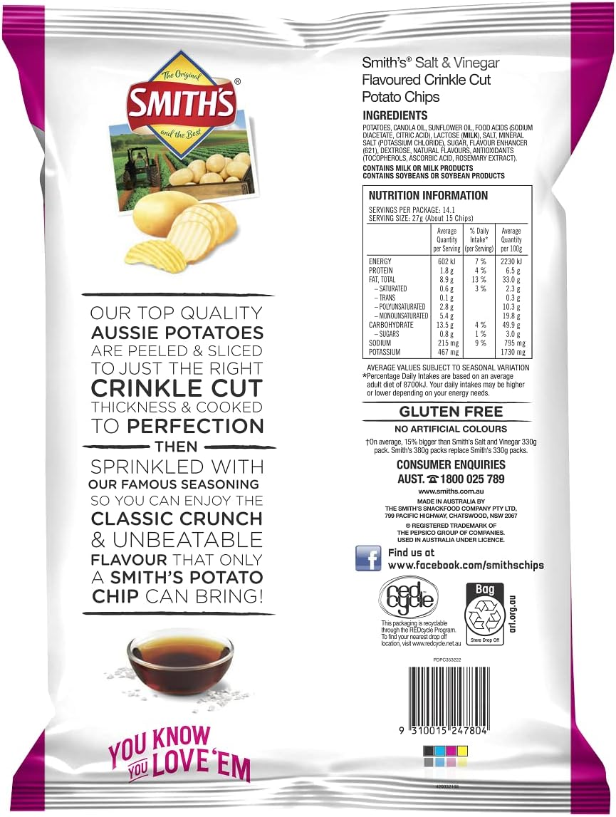 Smith'S Crinkle Cut Salt and Vinegar Party Size Chips 380 G