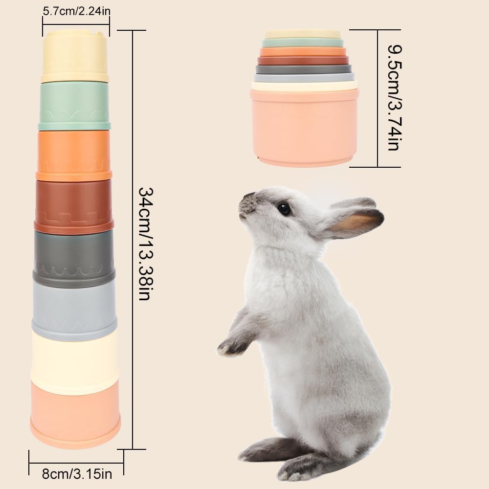 WALLFID 8 PCS Stacking Cups for Rabbits-Bunny Toys for Hiding Food and Playtime Fun,Bpa-Free Safe Plastic Pet Toys,Multi-Coloured and Various Sizes (Morandi Colour) image number 2