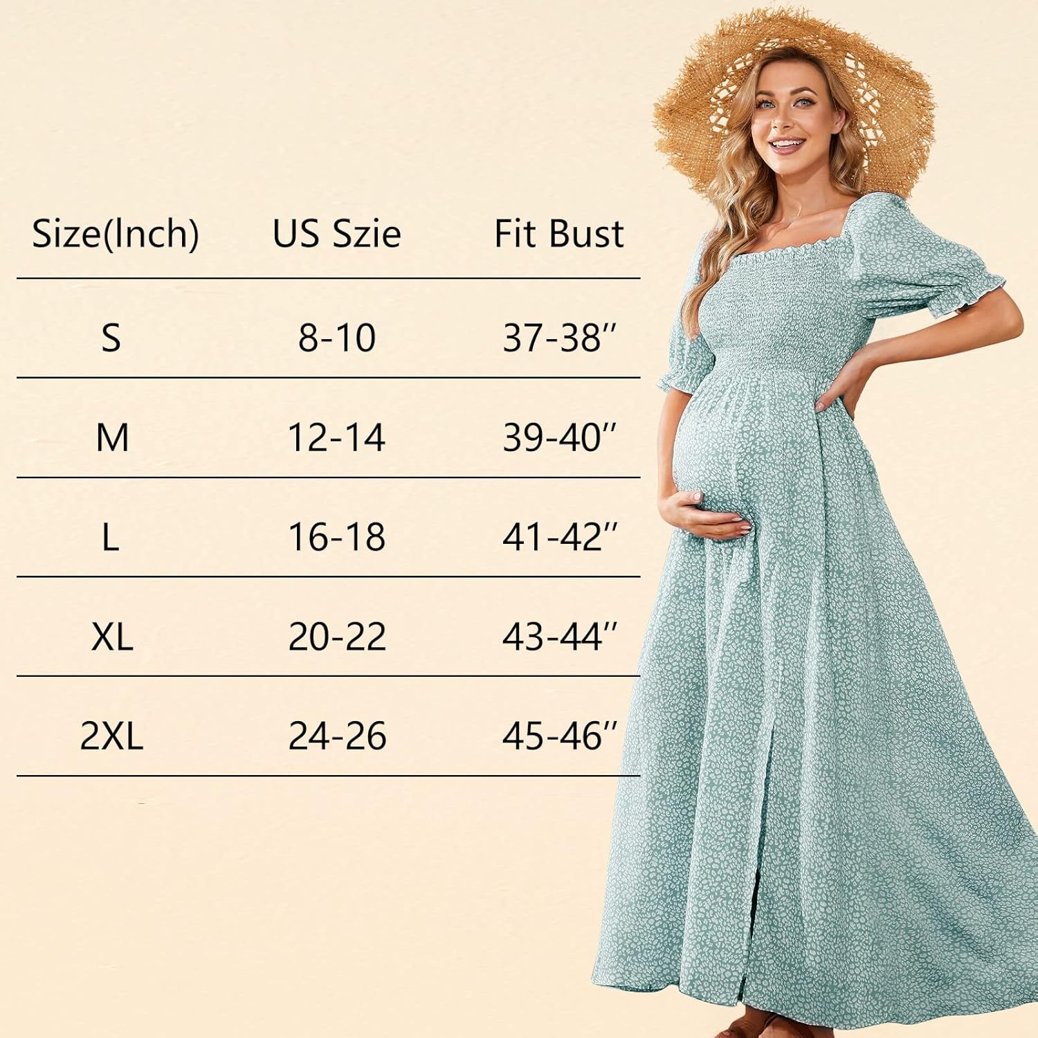 Floral Maternity Dress for Photoshoot Baby Shower, Square Neck Puff Sleeve Maternity Boho Smocked Pregnancy Dresses image number 4