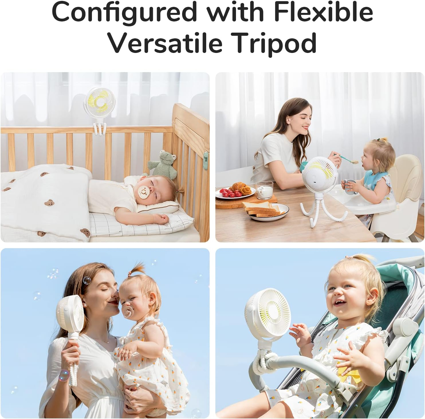 JISULIFE Stroller Fan, Tripod Clip on Fan, 4000Mah Baby Fan Battery Operated, Personal Desk Fan with 4 Speeds, 720&deg;Rotatable, Portable Fan for Cribs, Carseat, Golf Cart, Treadmill,Table - White image number 2
