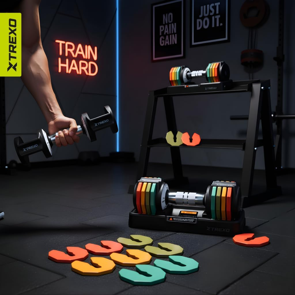 TREXO Multicolour Adjustable Dumbbell Set, 2 X 5 Kg Dumbbells Made of Steel with Non-Slip Handle, Ideal for Strength Training at Home and in the Gym, Adjustable Dumbbell with Sturdy Base image number 1