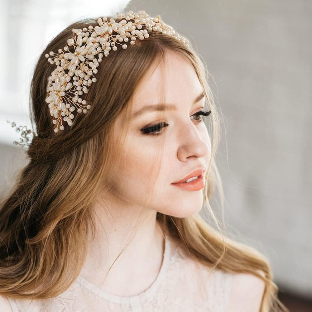 Bridal Headpiecees for Wedding Pearl Wedding Headband Rhinestone Hair Accessories for Brides Crown for Women Girls