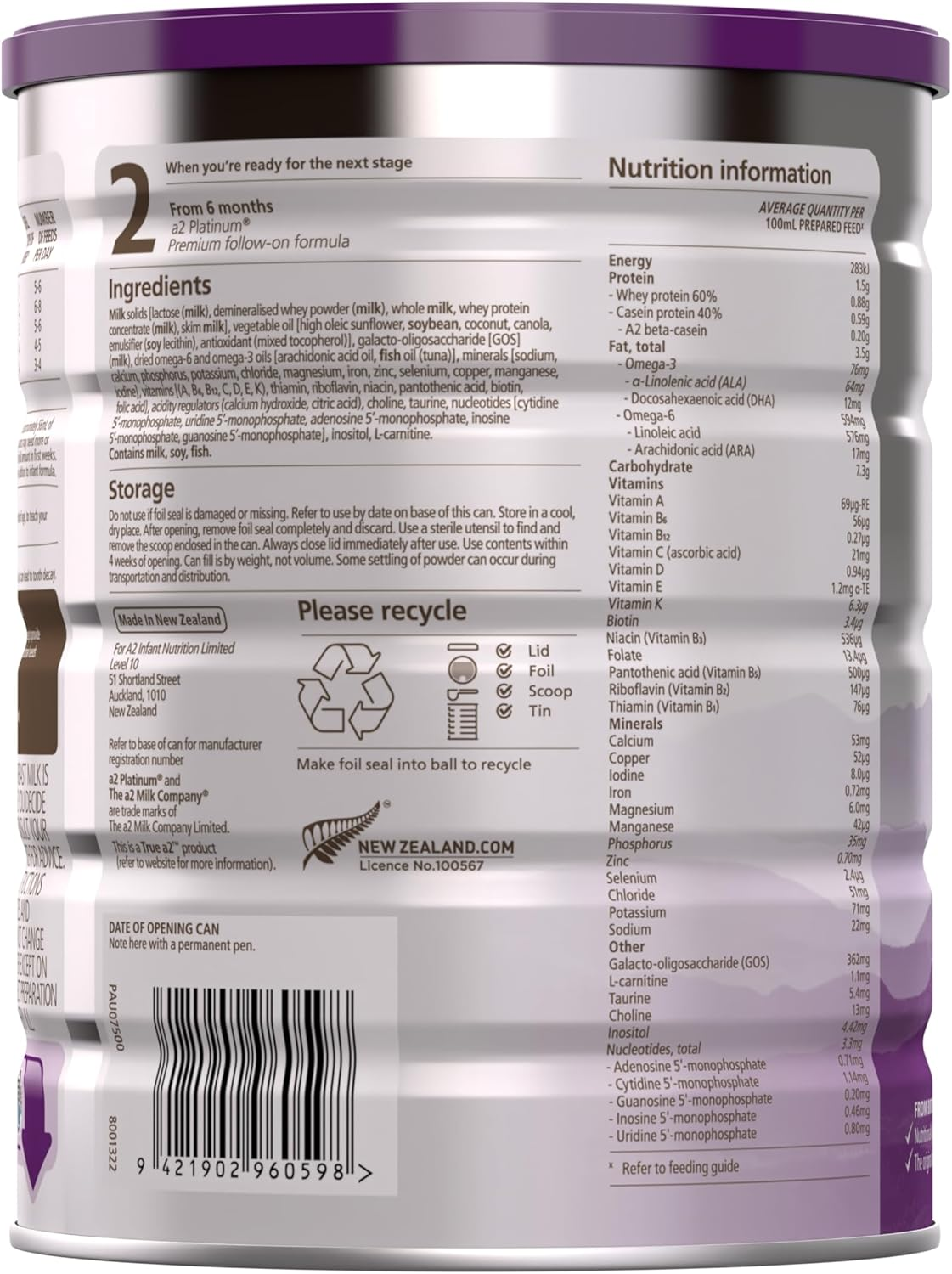 A2 Platinum Premium Infant Formula Stage 1 from Birth 900G image number 1