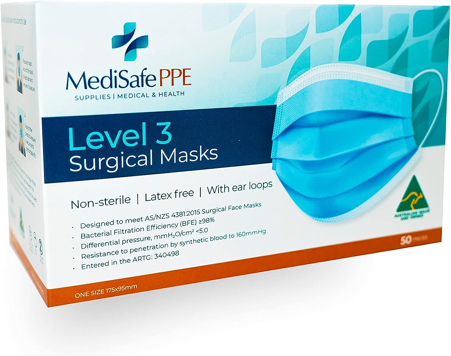 Medical Face Masks, Australian Made, Face Mask Disposable, Surgical Face Masks, ASTM, Level 3, Disposable Face Mask, 3 Ply Disposable Mask, Breathable Face Shield (50 PACK) image number 1