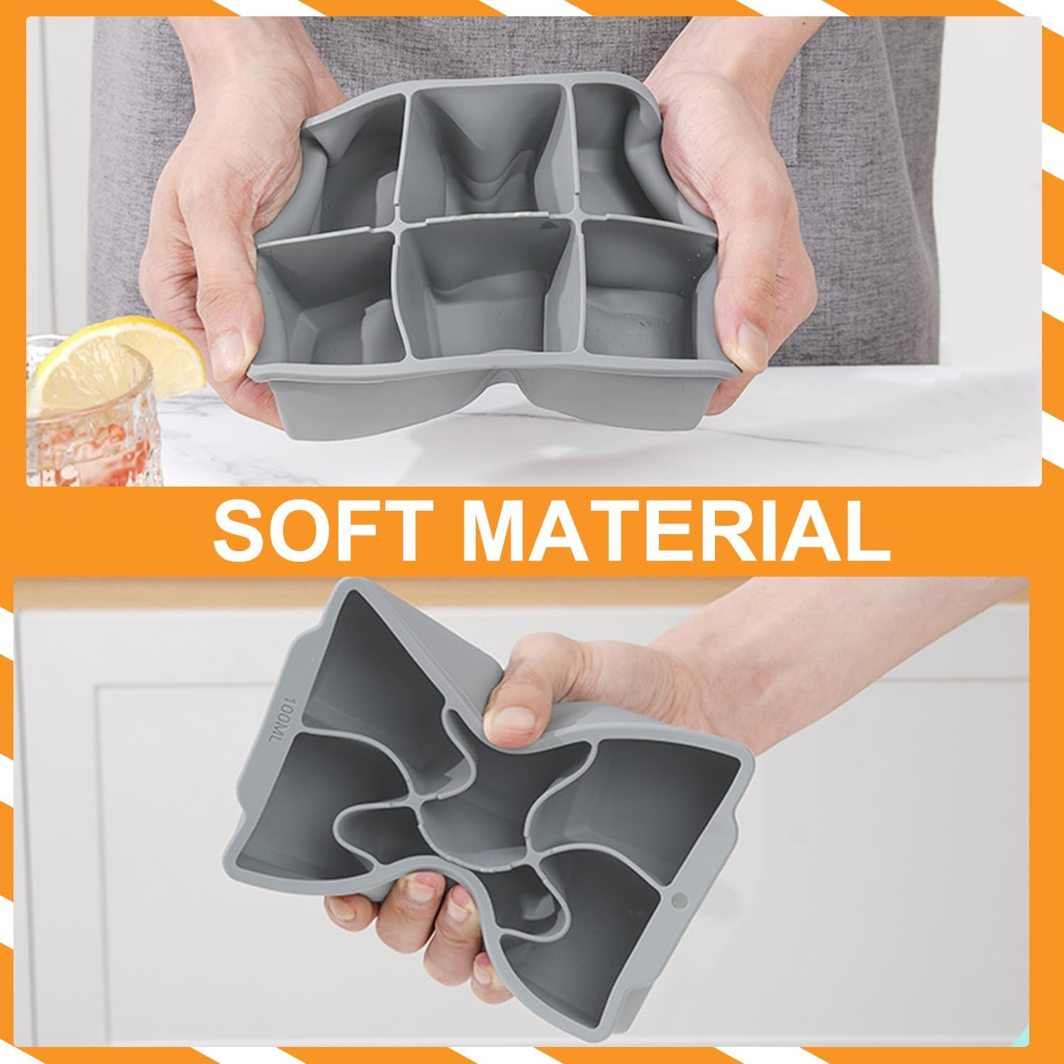 Large Ice Cube Tray with Lid - Stackable Silicone Square Ice Molds for Chilled Treats, No BPA, Ideal for Freezing Soups & Snacks (1, Grey, Square) image number 7