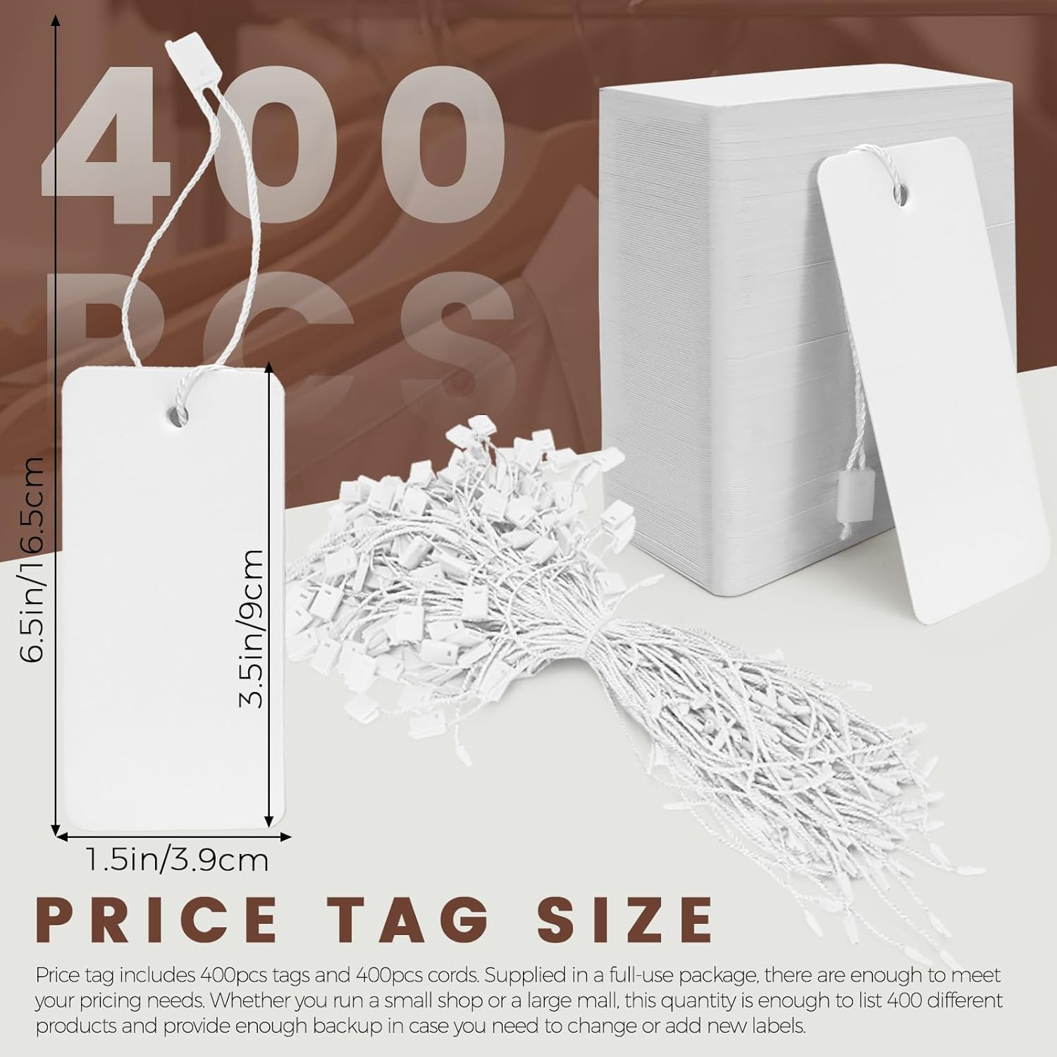 Sekonow 400Pcs White Gift Tags with String, Large Price Tags Clothing Tags Blank Kraft Paper Hang Tags for Clothes Sale Crafts Pricing Inventory - Black image number 7