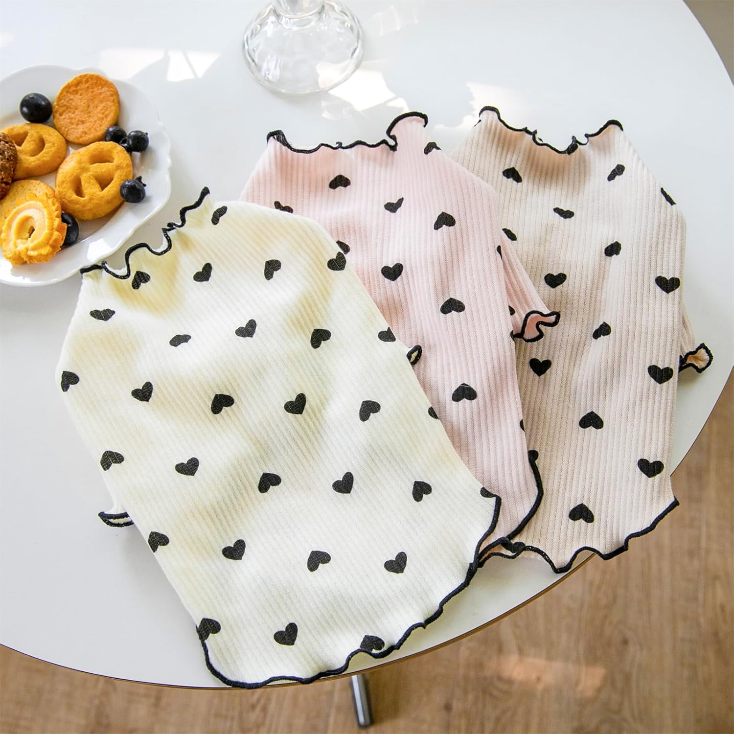 Yaopelky Pet Clothes for Small Dogs Cat Summer Fall Heart Print Shirt Stretchable Ruffle Long Sleeve Outfits for Chihuahua Schnauzer Shih Tzu Yorkie (Pink, Small) image number 7