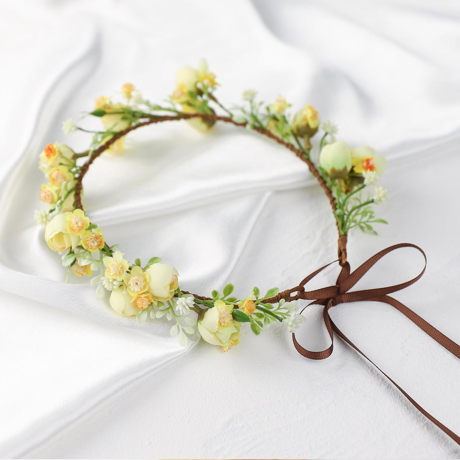 Korvishow Handmade Flower Crown Floral Headpiece Green Leaf Headband Wedding Flower Crowns for Bride Floral Garland Hair Wreath Birthday Party(Yellow Style) image number 6