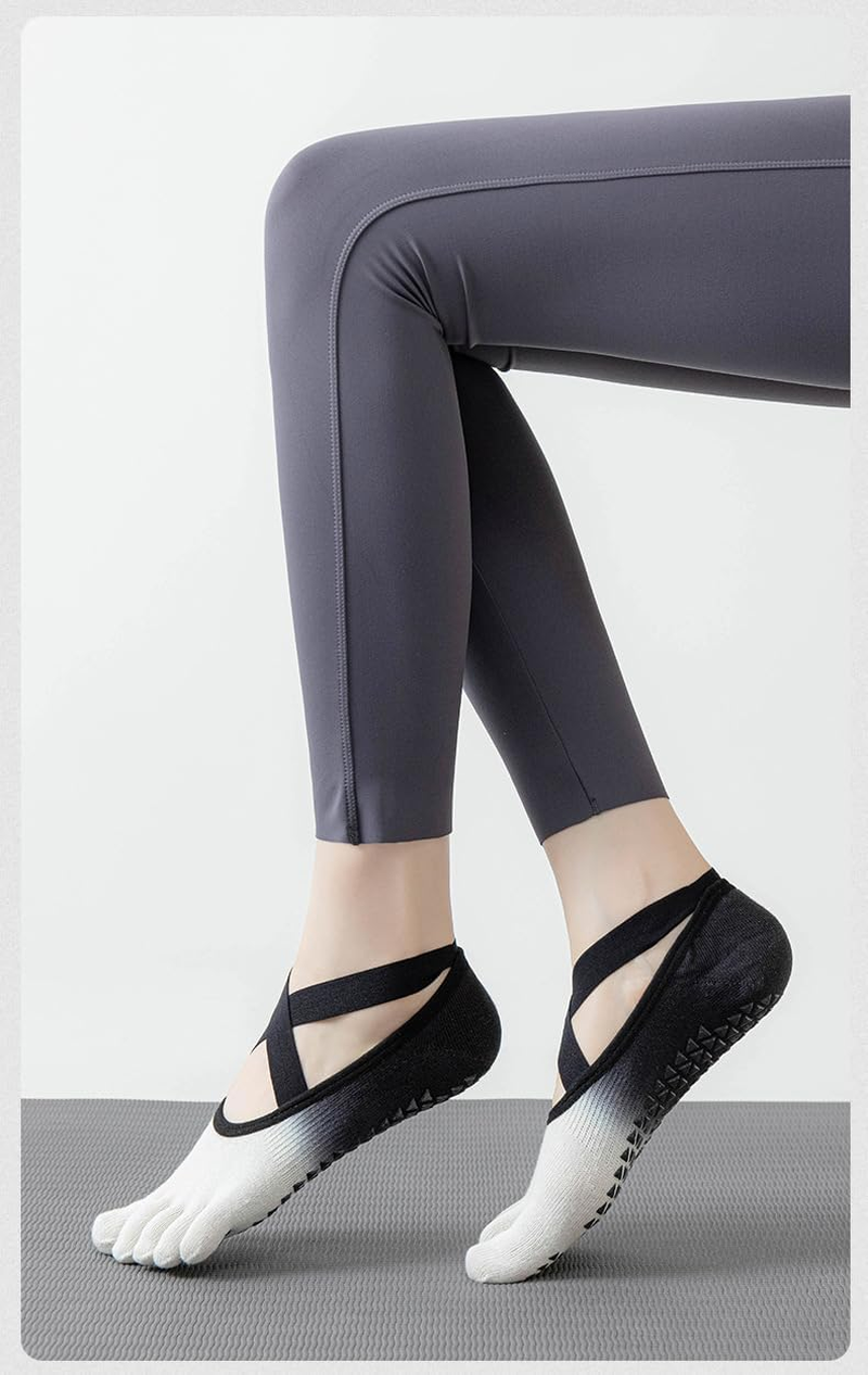 JOWILIN Pilates Socks for Women, Yoga Socks with Non-Slip Grips and Straps, Full Toe Socks for Pilates, Ballet, Pure Barre, Dance image number 2