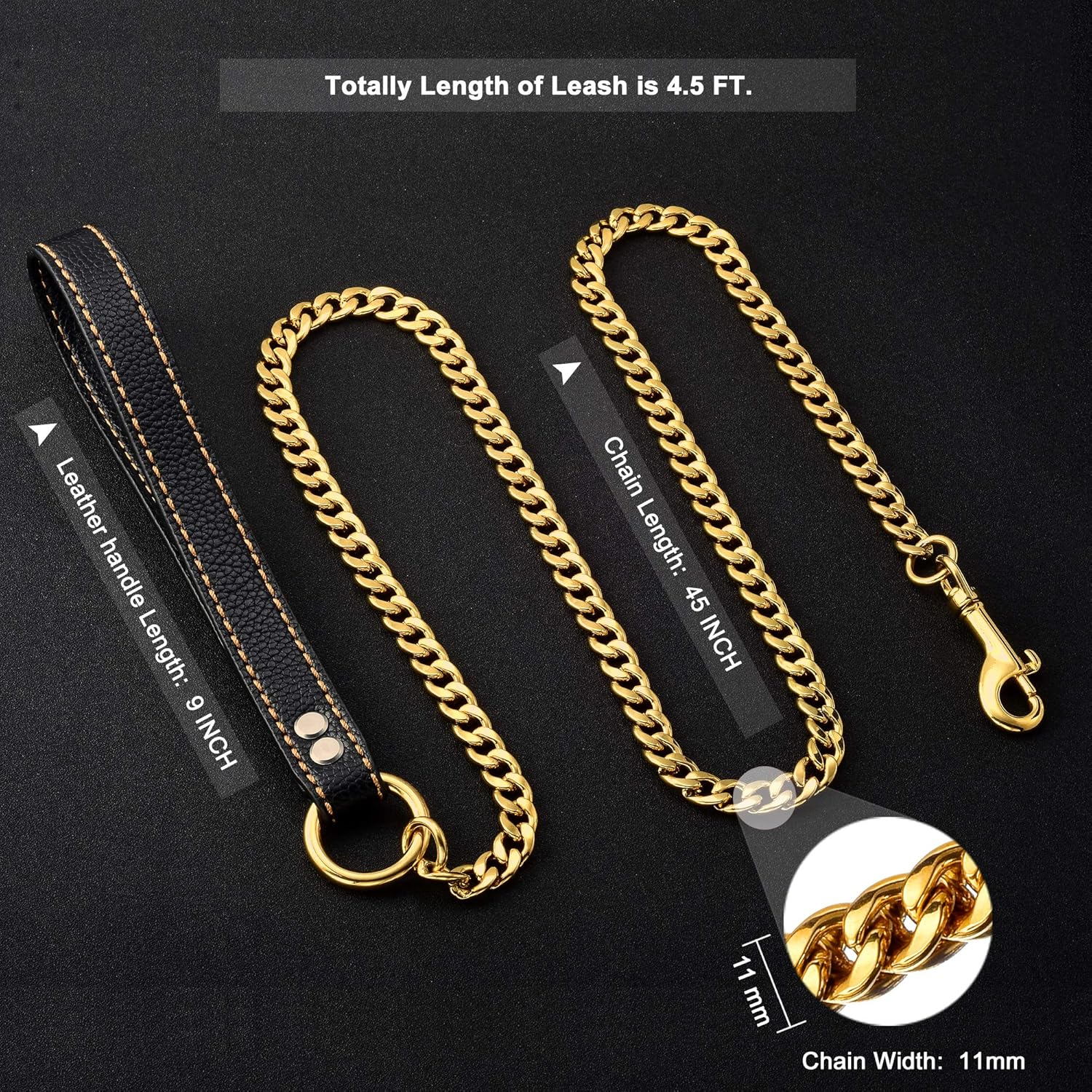 W&W Lifetime Heavy Duty Strong Stainless Steel Welding Figaro Chain Durable Dog Leash Walking Training Leads for Pitbull German Shepherd Large Dog Gold Tone image number 2