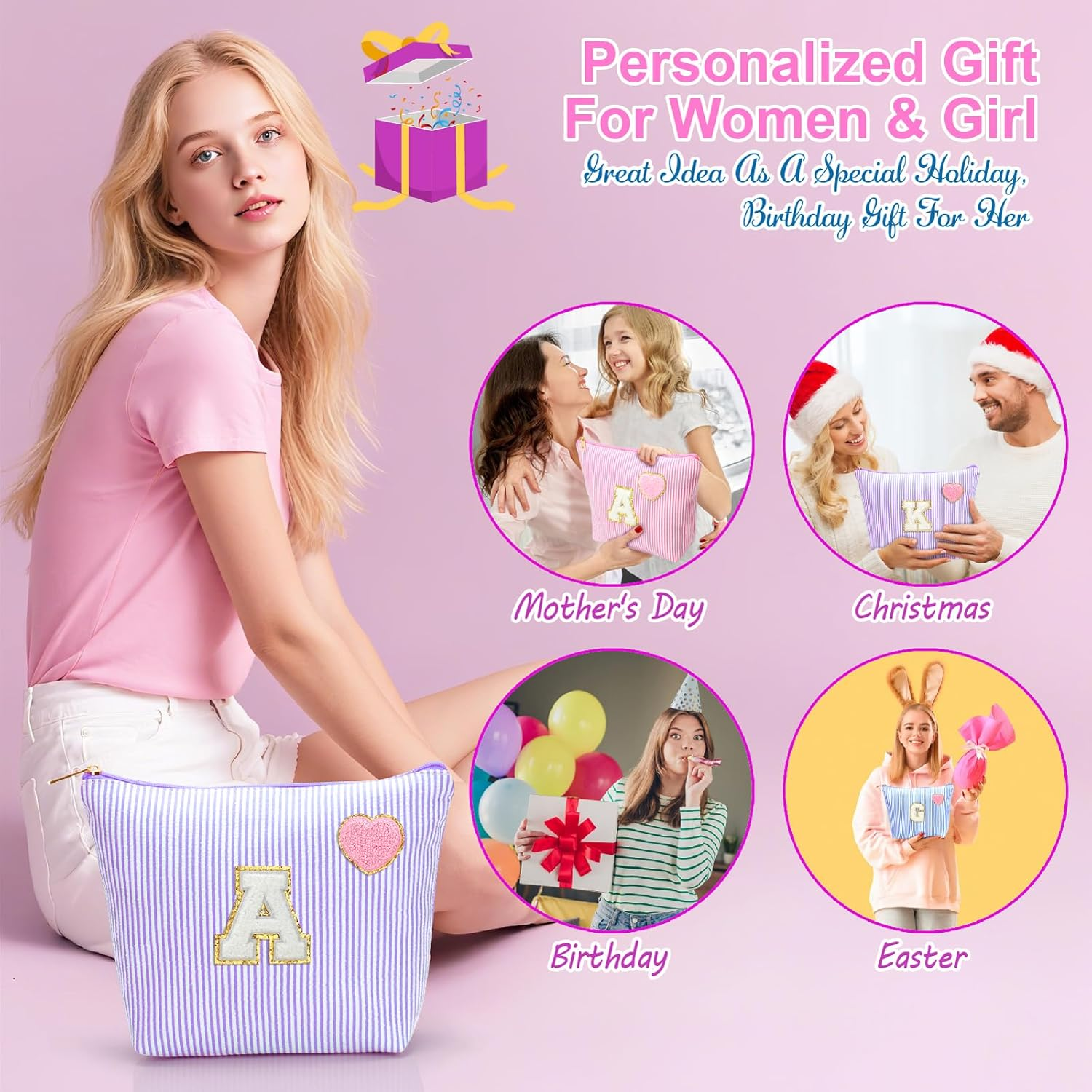 YILANCOL Initial Makeup Bag Personalized Preppy Cosmetic Bag Trendy Toiletry Travel Bag for Teen Girls Kids Women Letter Makeup Pouch Purse Holiday Gifts Birthday Christmas Gifts 2Pack, Pink image number 3