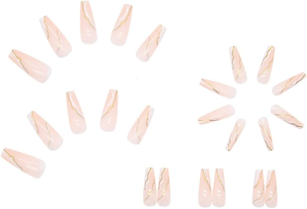 Yoyoee Press on Nails Long Coffin False Nails with Designs Swirl Full Cover Fake Nails Tips for Women and Girls 24Pcs