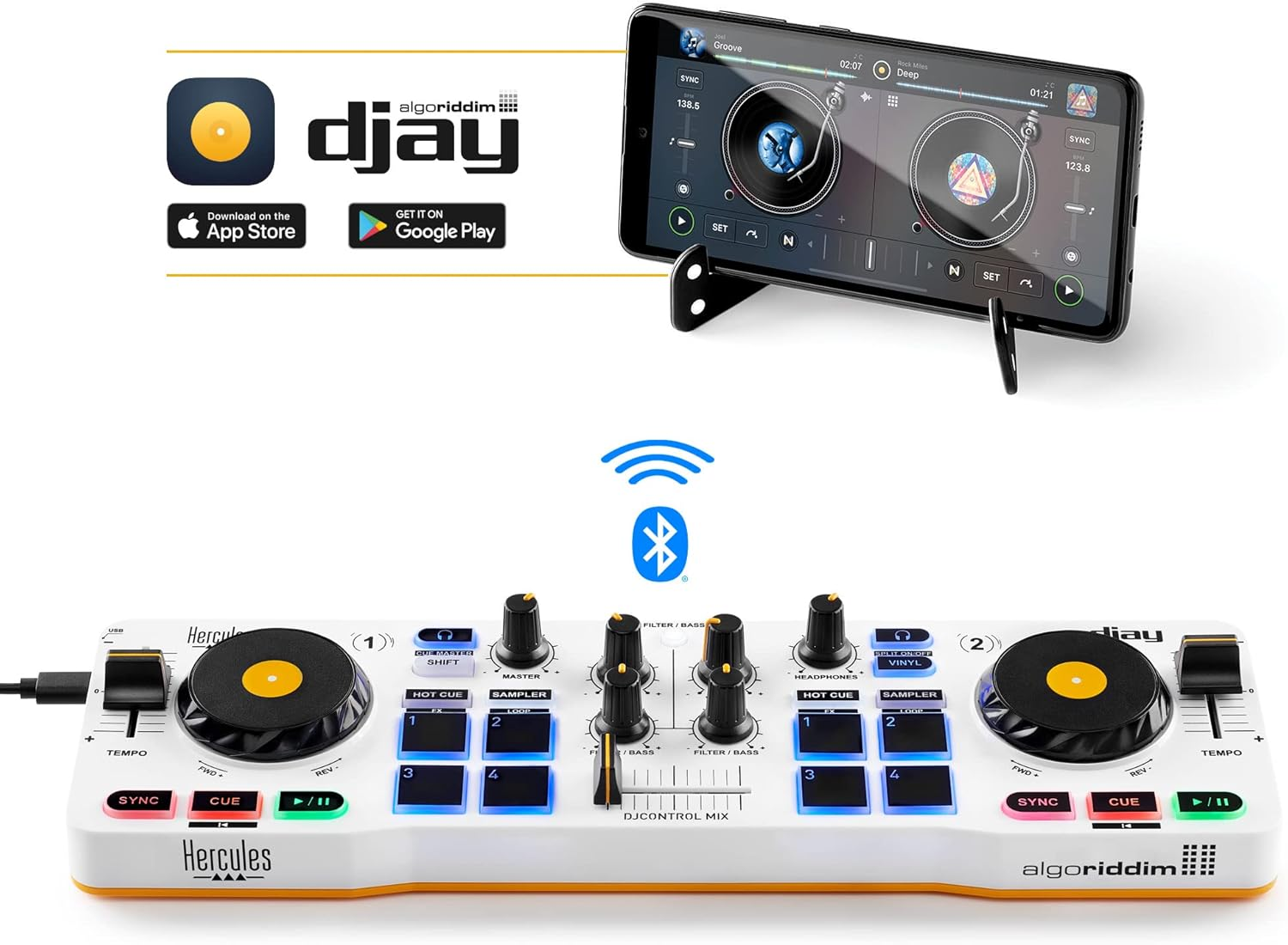 Hercules Djcontrol Mix &ndash; Bluetooth Wireless DJ Controller for Smartphones (Ios and Android) &ndash; Djay App &ndash; 2 Decks, White image number 5