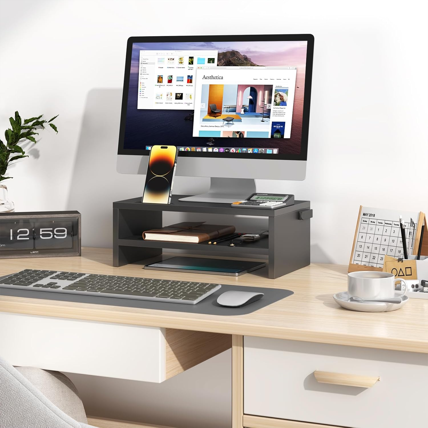 Advwin 2 Tiers Monitor Stand Riser with Storage Monitor Riser Computer Monitor Stand Multifunctional Desktop Stand Organizer Shelf, Black image number 4