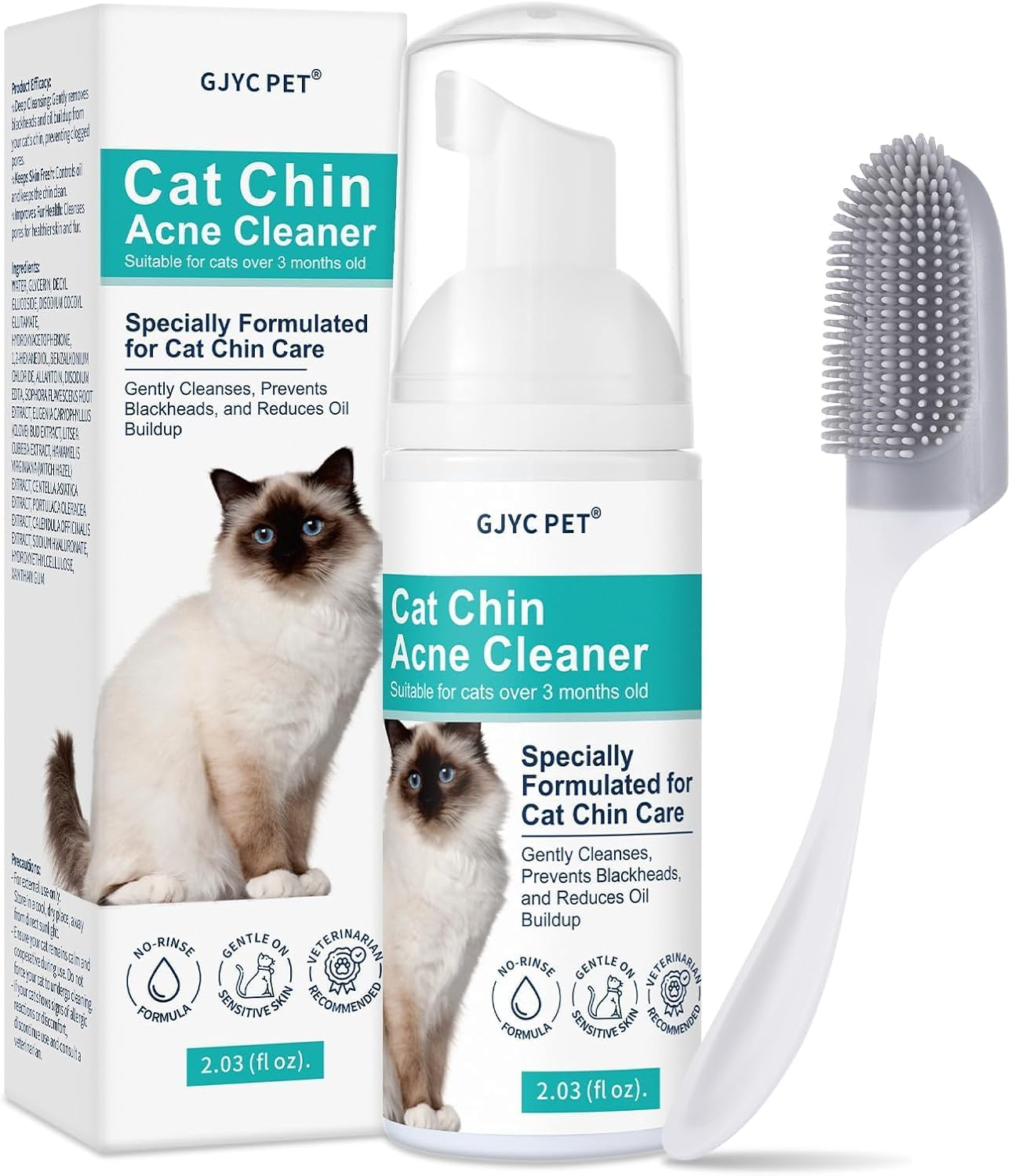 Cat Chin Acne Cleaner - No-Rinsing Blackhead & Pimple Solution with Applicator Brush, Mild Formula for Feline, Safe for Sensitive Skin (2 Fl. Oz) image number 1