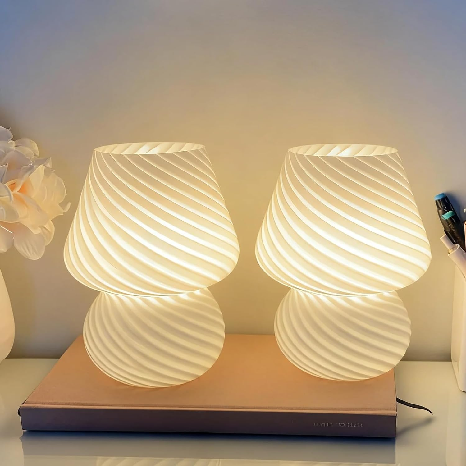 Clora Bedside Table Lamp Set of 2 Glass Mushroom Lamp with 3 Color Temperatures, Small Nightstand Lamp 5W LED Bulb Included Murano Style Cute Home Decor for Living Room Bedroom Office (Amber) image number 5
