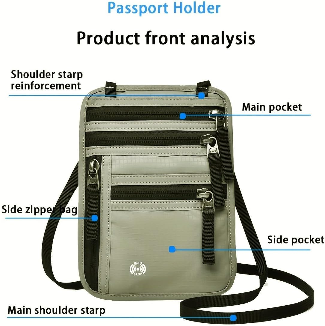 Neck Wallet with RFID Travel Wallet Protection Soft Compartment Passport Organizer, Lightweight, with Adjustable Shoulder Strap for Smartphone, Passport and Cash Cards (Grey) - Black image number 6