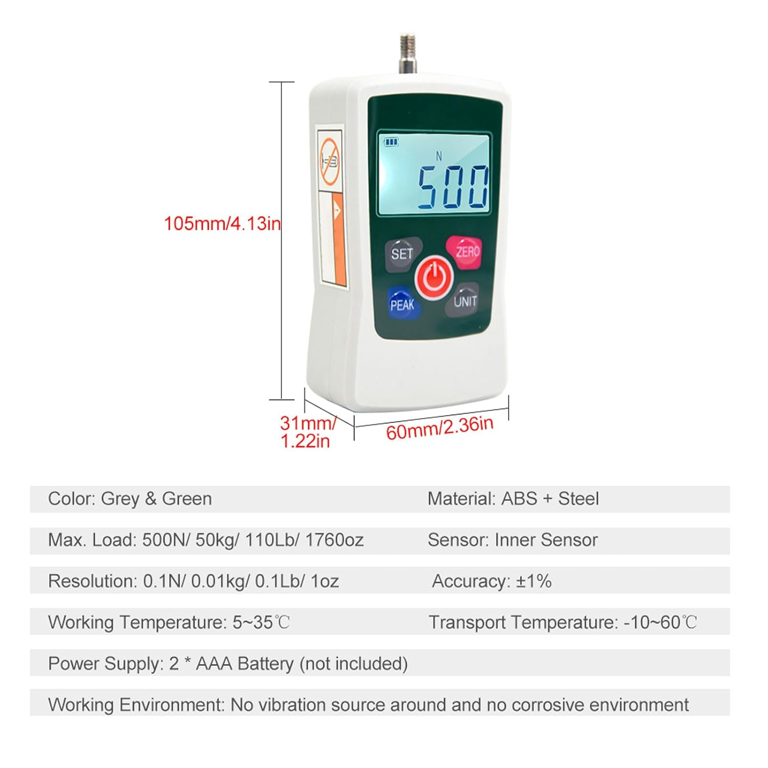 Digital Force Push Pull Meter 500N Portable Handheld Backlit Screen Auto Shutdown with Measurement