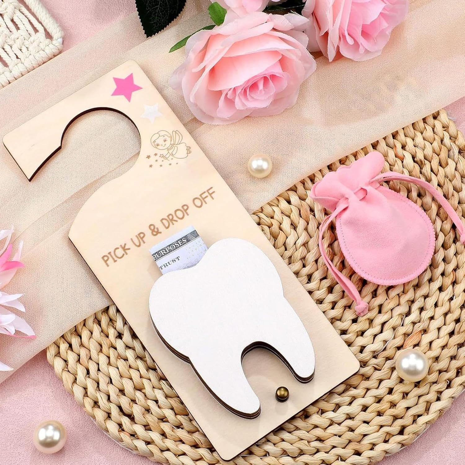 Tooth Fairy Pick up and Drop Off, Tooth Fairy Door Hanger with Money Slot,Tooth Fairy Tooth Holder Bag,Tooth Holder Pouch, Velvet Pouch Tooth Fairy Box - Pink image number 5