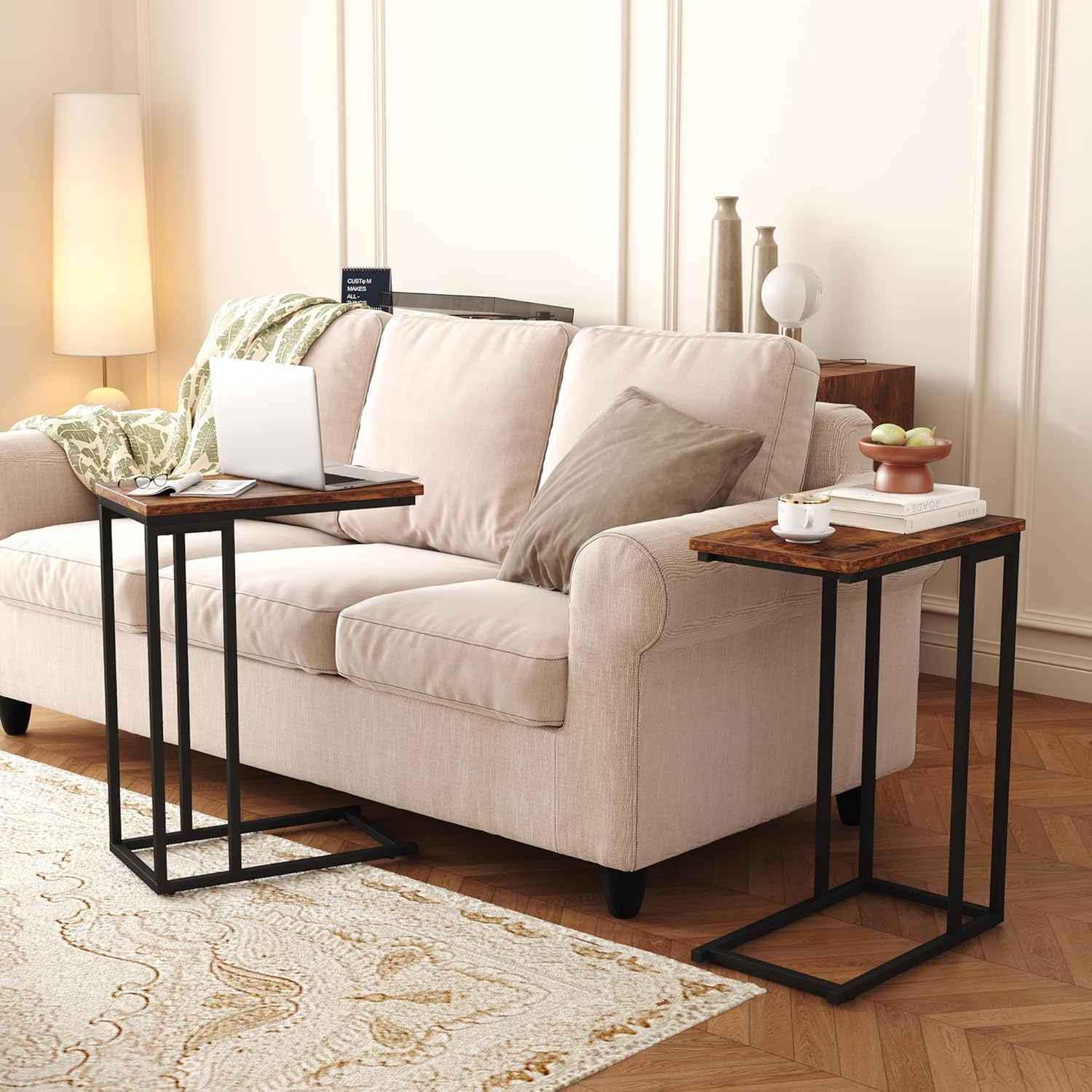 HOMEFORT Narrow C Shaped End Table - Space-Saving Side Table for Living Room, Bedroom, Sofa Small Spaces, Rustic Brown