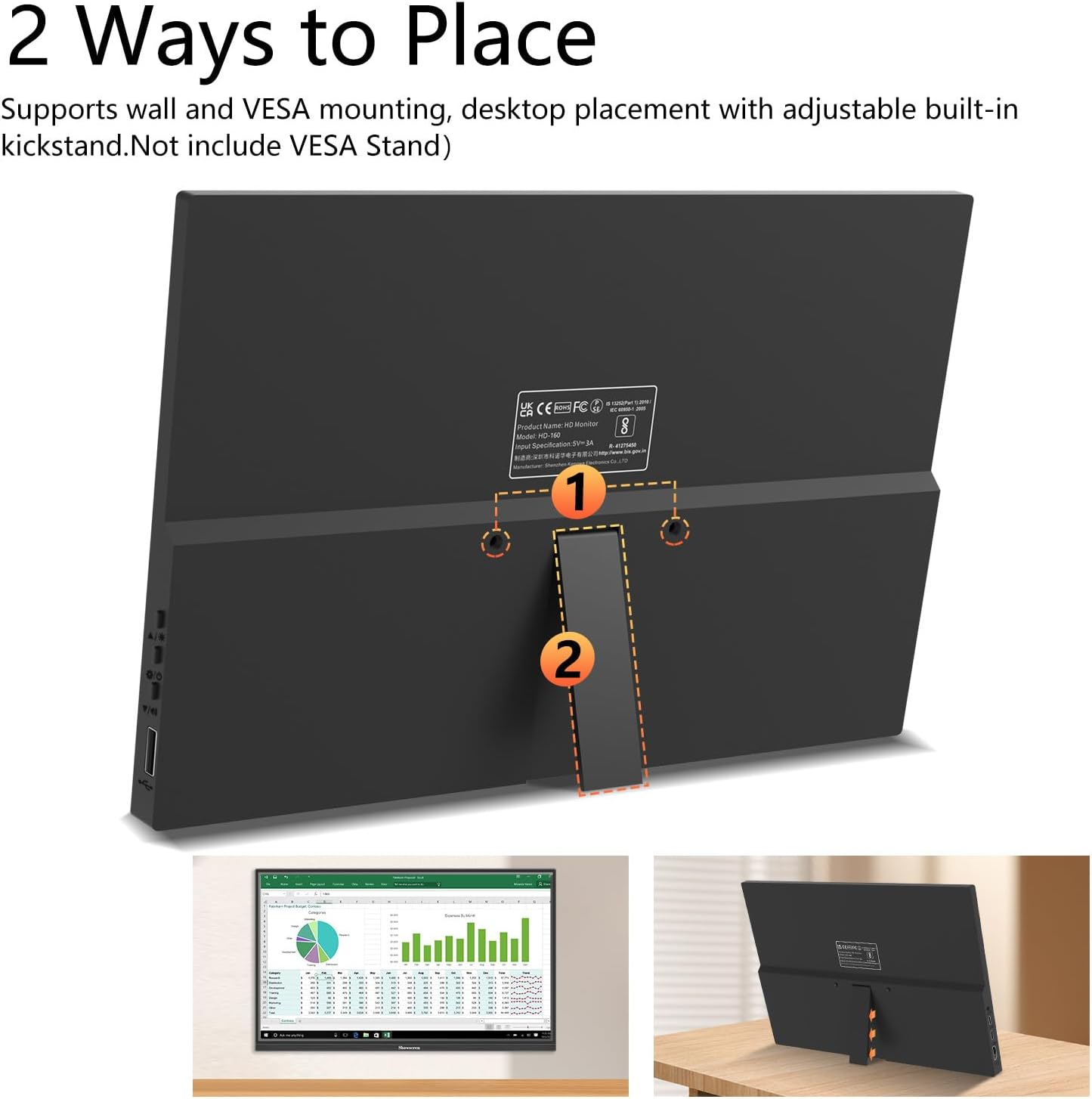 Portable Monitor 16Inch, Full HD 1920X1200P Display 300Cd/Brightness,60Hz IPS LCD Panel,100% RGB, Built-In Speaker, HDMI USB C Portable Monitor for Laptop PC PS3/PS4 Switch image number 2