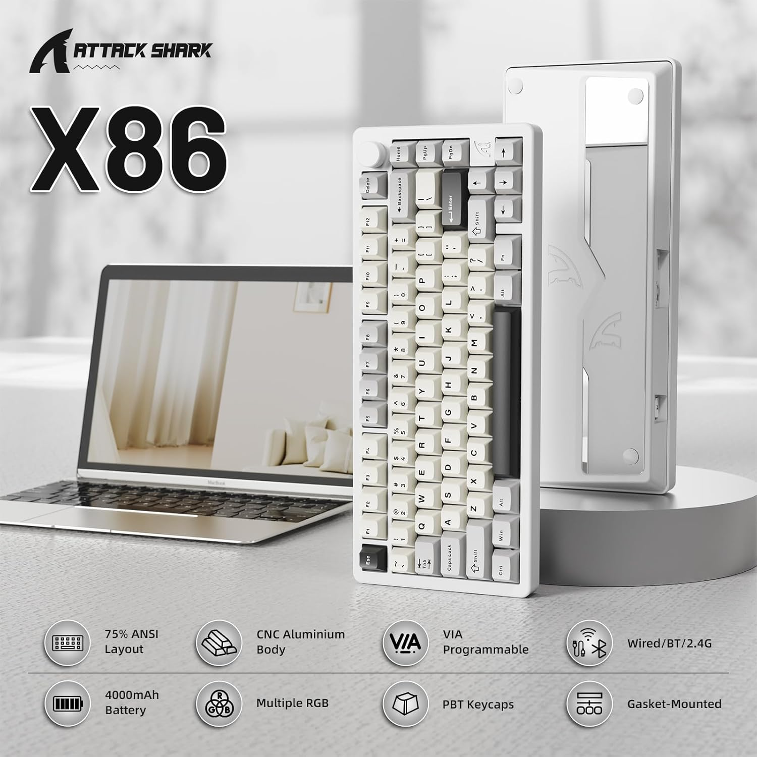 FELICON X Attack Shark X86 75% Aluminum CNC Wireless Mechanical Gaming Keyboard with Volume Knob,82 Key Gasket Hot Swappable RGB Custom Keyboard with 5-Layer Padding, Bt/2.4Ghz/Usb-C-Starlight White image number 5