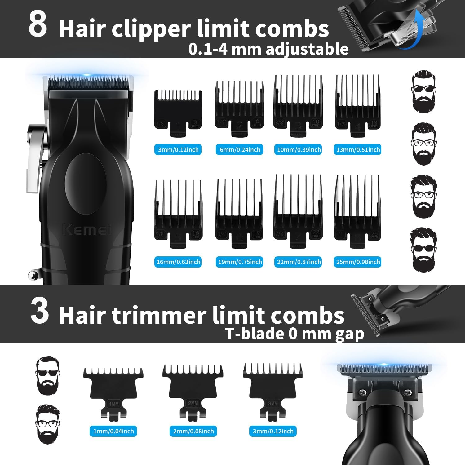 KEMEI Hair Clipper and Trimmer Set Professional Cordless Hair Clipper for Men Electric Beard Trimmers Barber Hair Cuttings Kit, T Blade Trimmers for Men, KM-2296，KM-2299 image number 4