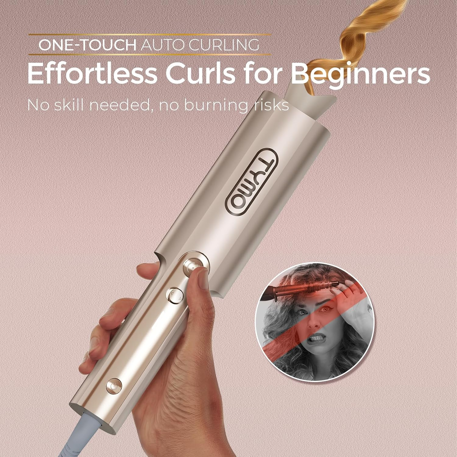 TYMO Curlpro plus Curling Iron Curling Tong Hair Curler, Automatic Rotating, Long Barrel, Ceramic, 600M Ionic, Dual Voltage, for Long Hair, Anti-Scald, Tangle-Free, Upgraded, for Women, Gold, 25 Mm image number 1