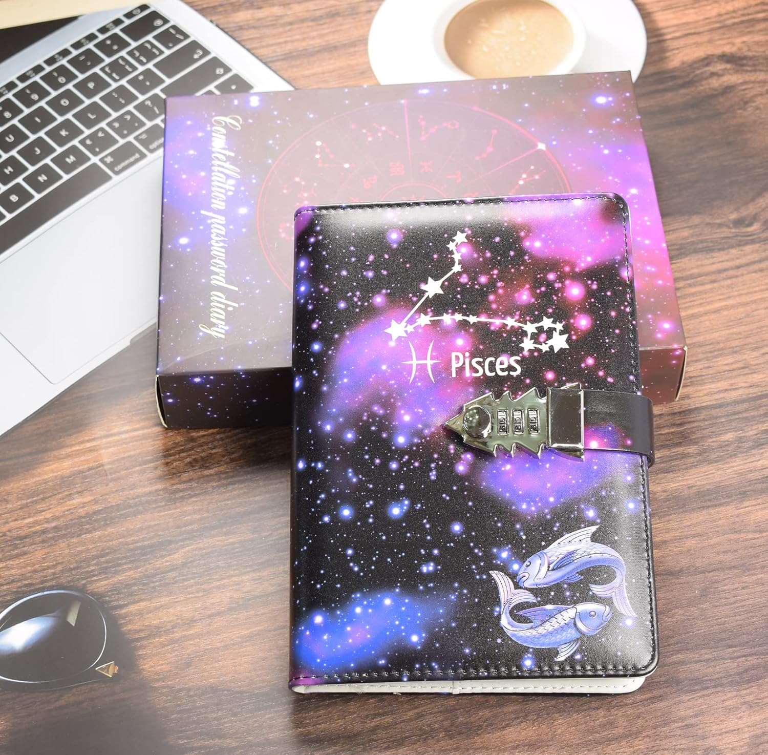 Junshop Locking Diary Combination Lock Journal Constellation Writing Diary A5 Starry Sky Lock Leather Notebook (Pisces) image number 4