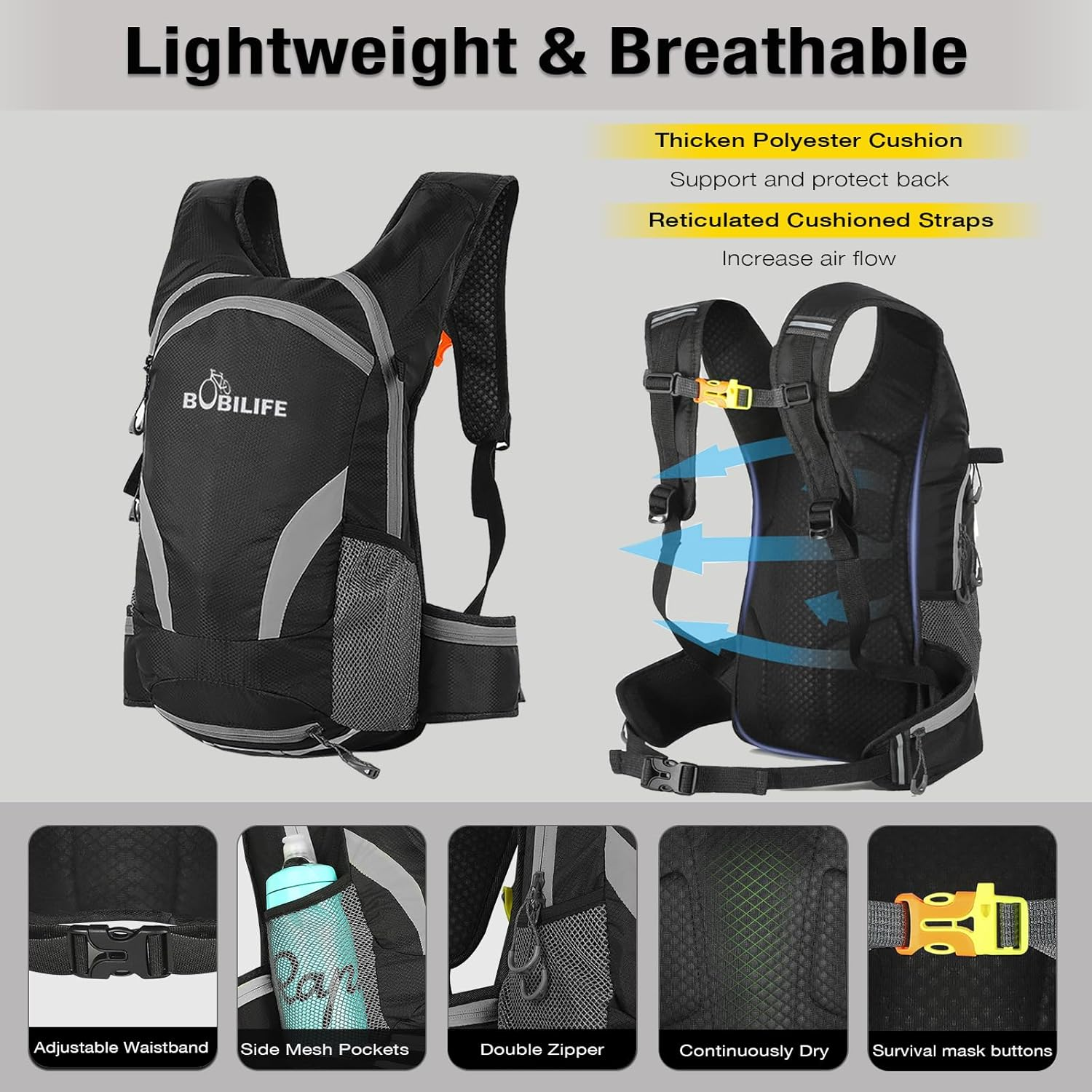 BOBILIFE Cycling Backpack, Water Resistant, Lightweight with Helmet Mesh Holder, Black, 16L