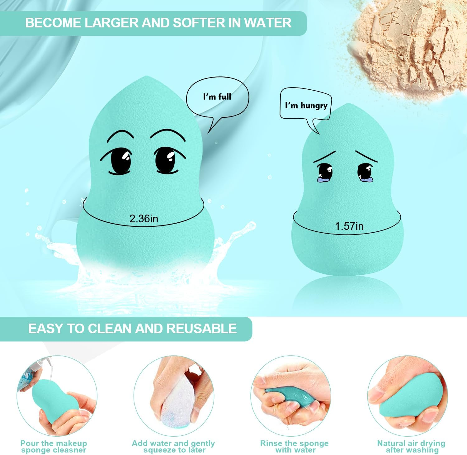 Makeup Sponge Set DUAIU 4Pcs Blender Beauty Foundation Blending Sponge, Flawless for Liquid, Cream, and Powder, Professional Streak Free Application Blend, Makeup Sponges with Storage Box(Aquamarine) - Lemon Yellow image number 4
