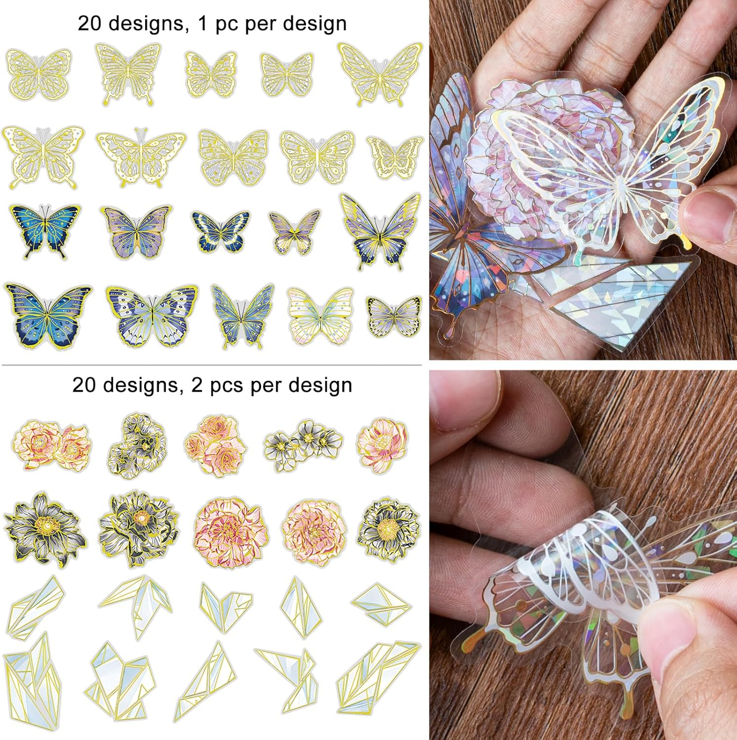 3 Packs Scrapbook Laser Butterfly Sticker Golden Holographic Stickers Shiny Dazzling Floral Decal for Card Making Daily Planner Journals Arts and Crafts (Fantasy) image number 3