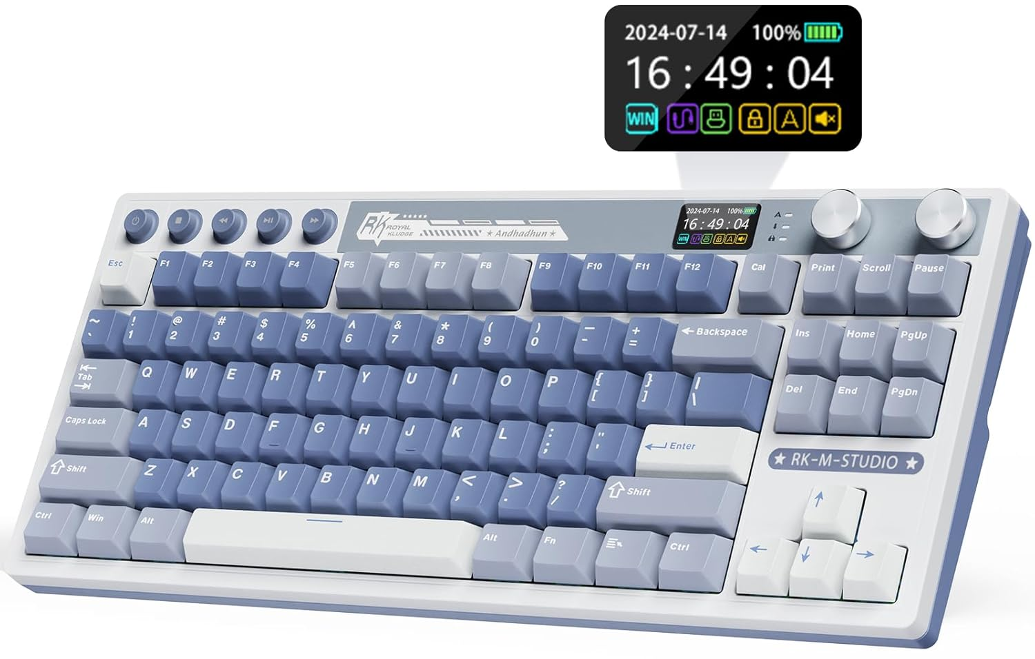 RK ROYAL KLUDGE M87 Wireless Gaming Keyboard with Screen and Dual Knob, 75% Percent 2.4Ghz/Bluetooth/Usb-C Gasket Mechanical Keyboard with 7500Mah Battery, RGB Backlit Hot Swappable Cream Switch, Blue