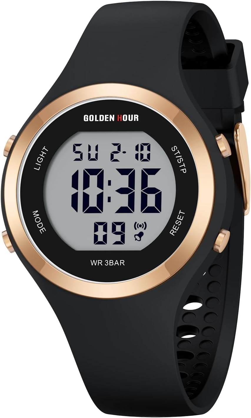 GOLDEN HOUR Digital Ladies Watches 5ATM Waterproof Sport Womens Watch with Luminous/Date/Week/Month Chronograph, Silicone Strap Swimming Watch for Women