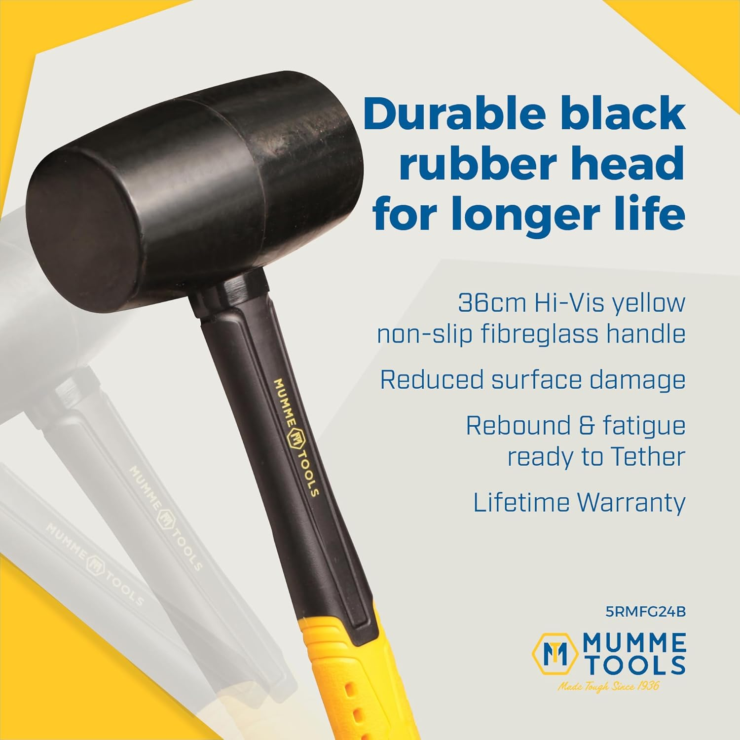 Mumme Rubber Mallet 24Oz/680G Black &ndash; Best for Medium-Duty Metalworking & Tiling Tasks, 36Cm Non-Slip Fibreglass Handle, Reduced Surface Damage, Rebound & Fatigue, Ready to Tether, Lifetime Warranty image number 3