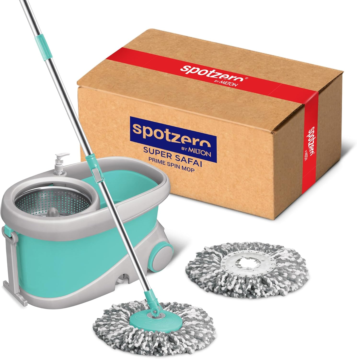 Spotzero by Milton Prime Spin Mop Bucket on Wheels, Extendable Handle | Liquid Dispenser| SS Wringer Set | 360 Spinning Mop Bucket Floor Cleaning & Mopping System with 2 Microfiber Refills, Aqua Green image number 4