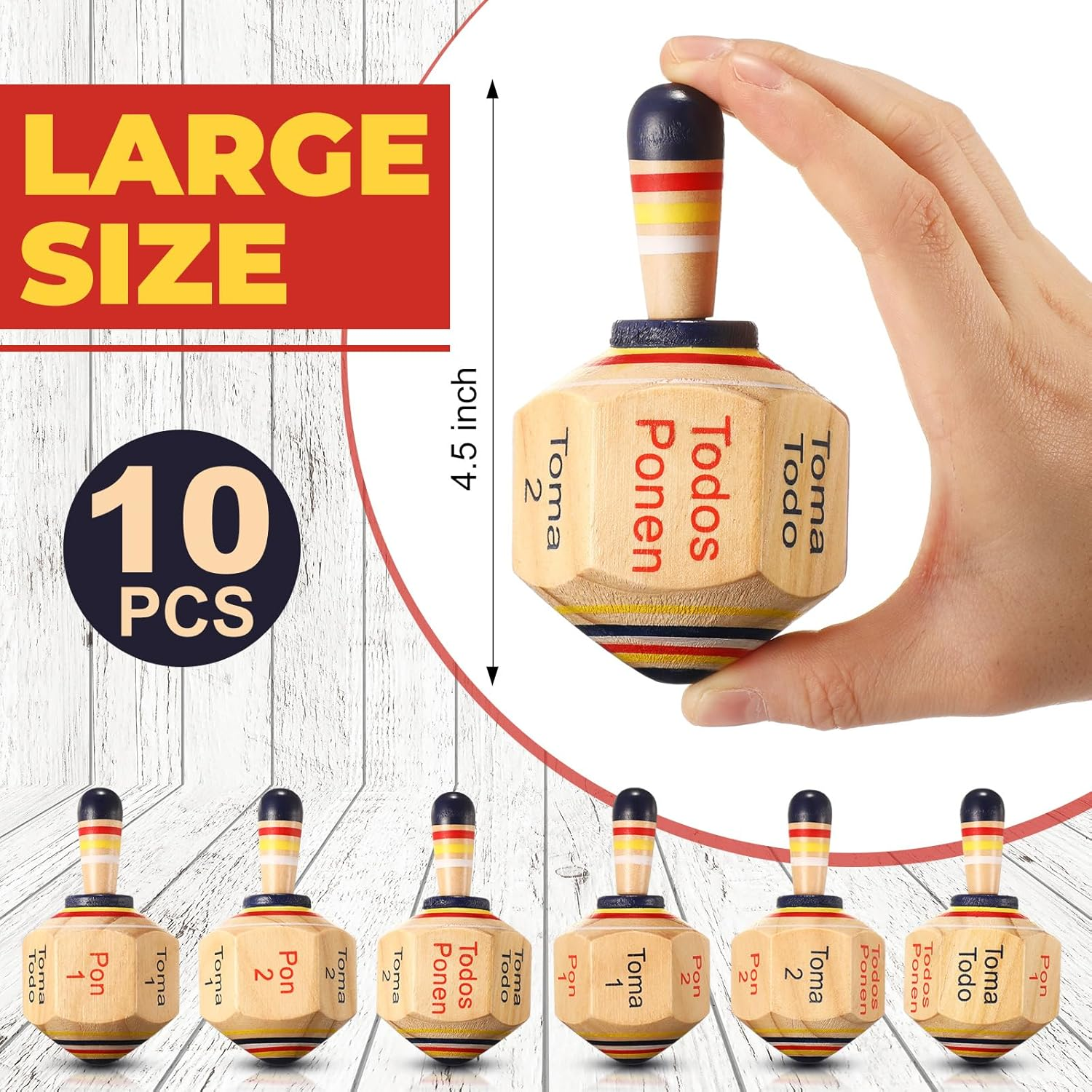Poen 5 Pieces Large Wooden Toma Todo Bulk, 4.5 Inch Classic Mexican Wood Spinning Top Game for Kids and Adults, Pirinola Toma Todo Party Games for Mexican Fiesta Party Cinco De Mayo Family Game image number 3